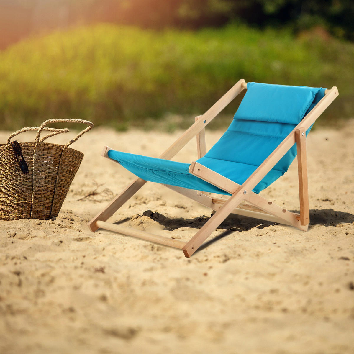 STRANDLIEGE mit Kopfstütze Blau - Blau, Holz (54/82cm) - KADAX