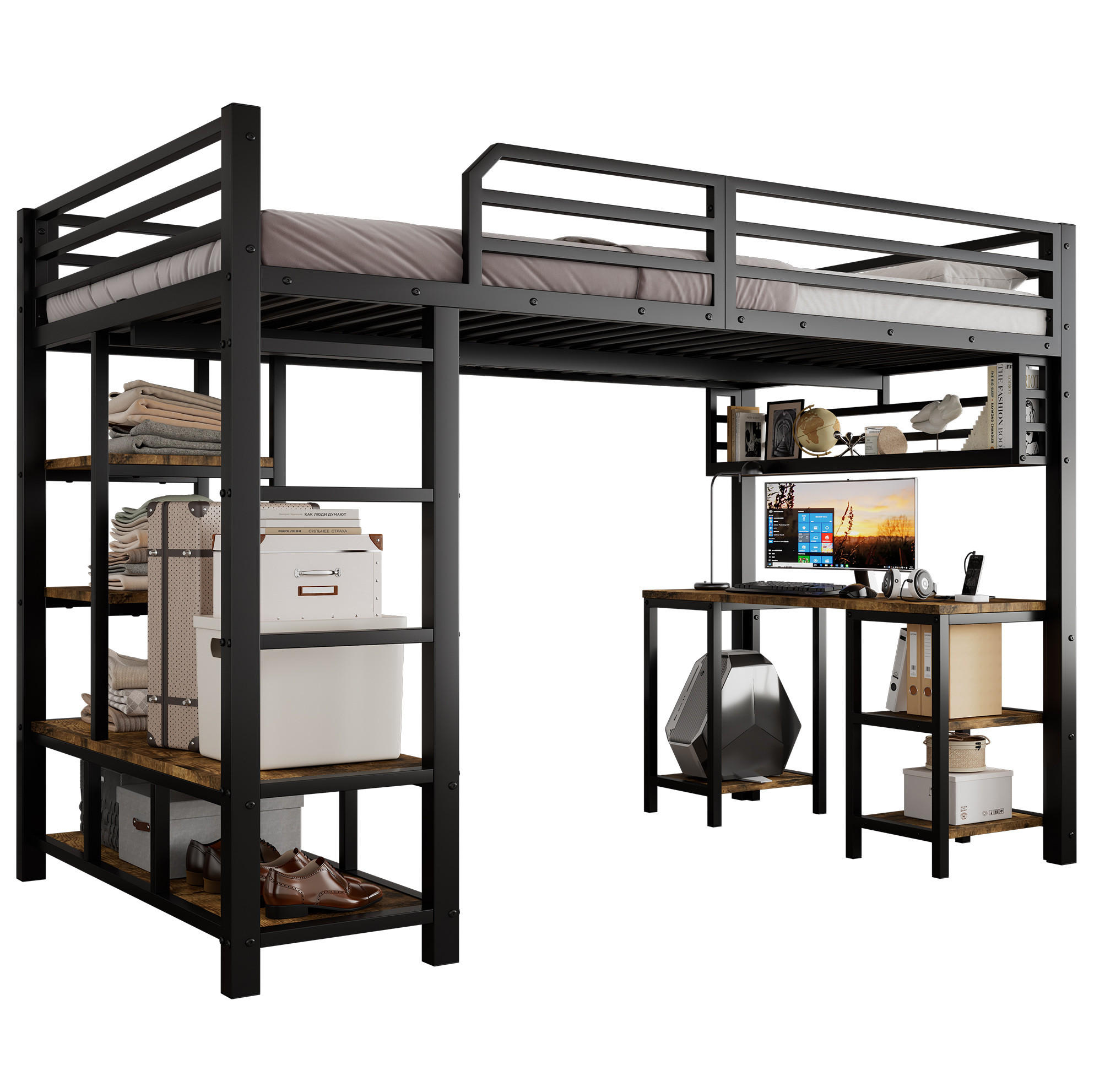 HOCHBETT aus Metall und Spanplatte 120x200 cm Schwarz/Dunkelnussbaum mit Schreibtisch und Ablagefläche - Schwarz, Metall (120/200cm) - IVMEU