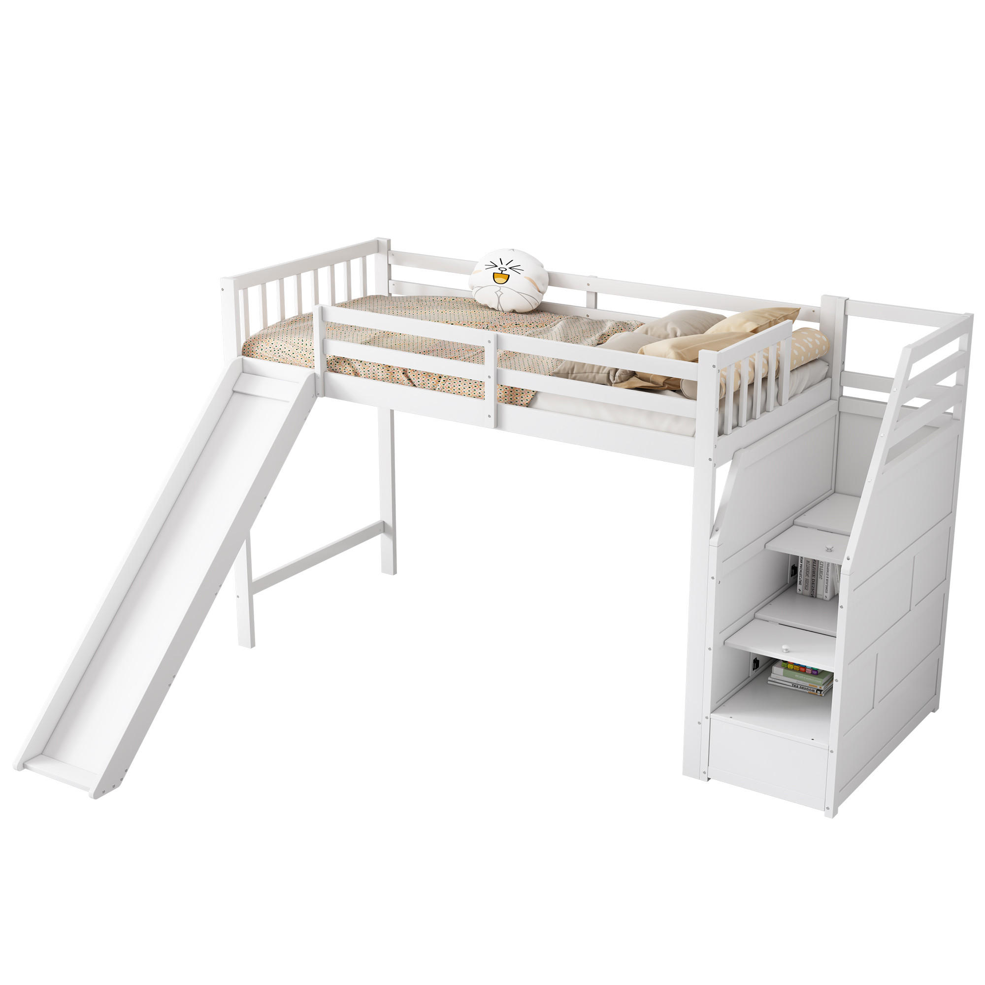 STILVORA HOCHBETT 90/200 cm in Weiß Kinderbett mit Rutsche und Ablageleiter