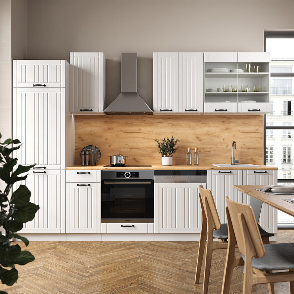 KÜCHENZEILE Fame-Line Weiß Landhaus/Weiß 300 cm, AP Anthrazit - Creme/Weiß, Holzwerkstoff (300/81.6/60cm) - Vicco