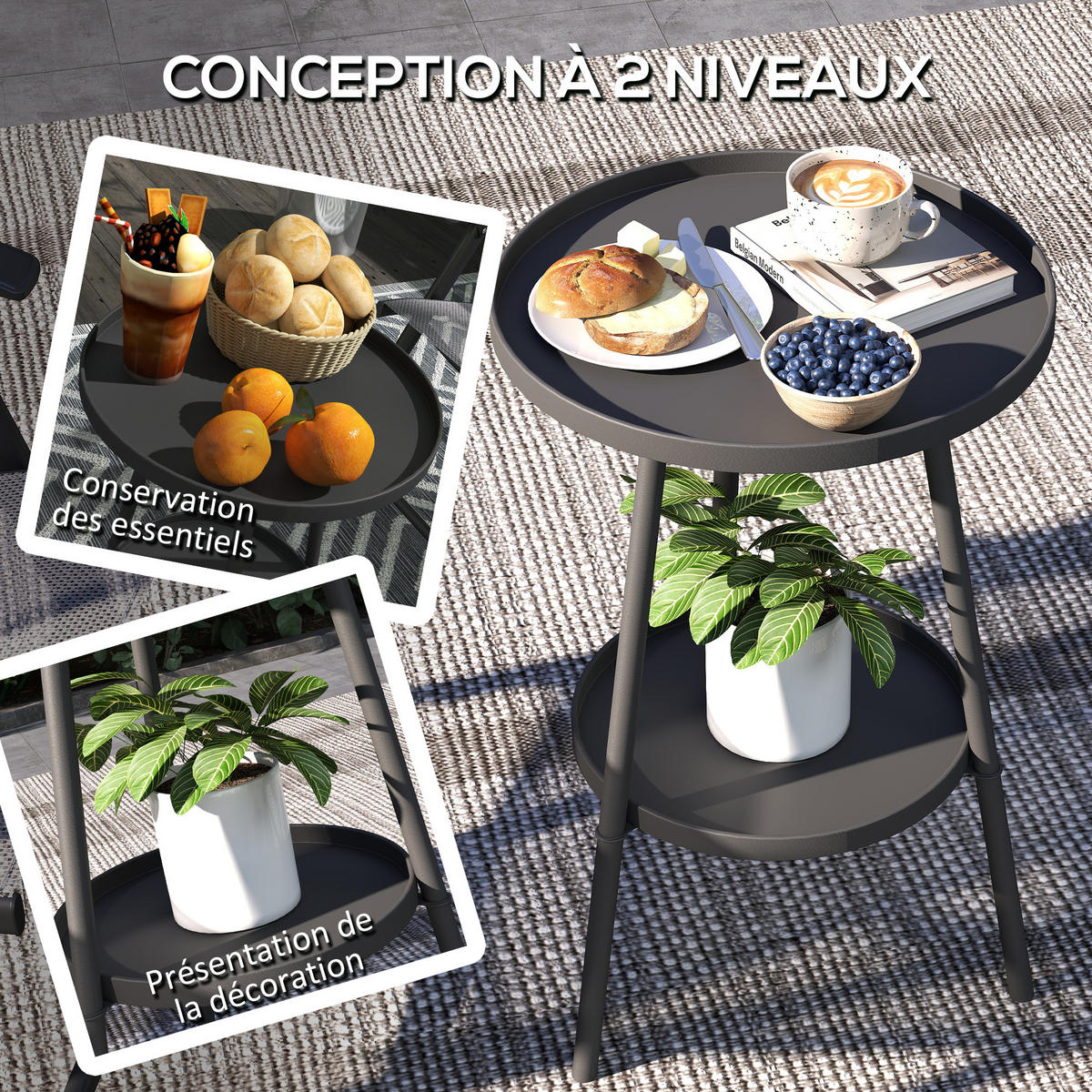 GARTENBEISTELLTISCH DE-14112 2 Ebenen Schwarz - Schwarz, Metall (32/32/51cm) - ComfortXL