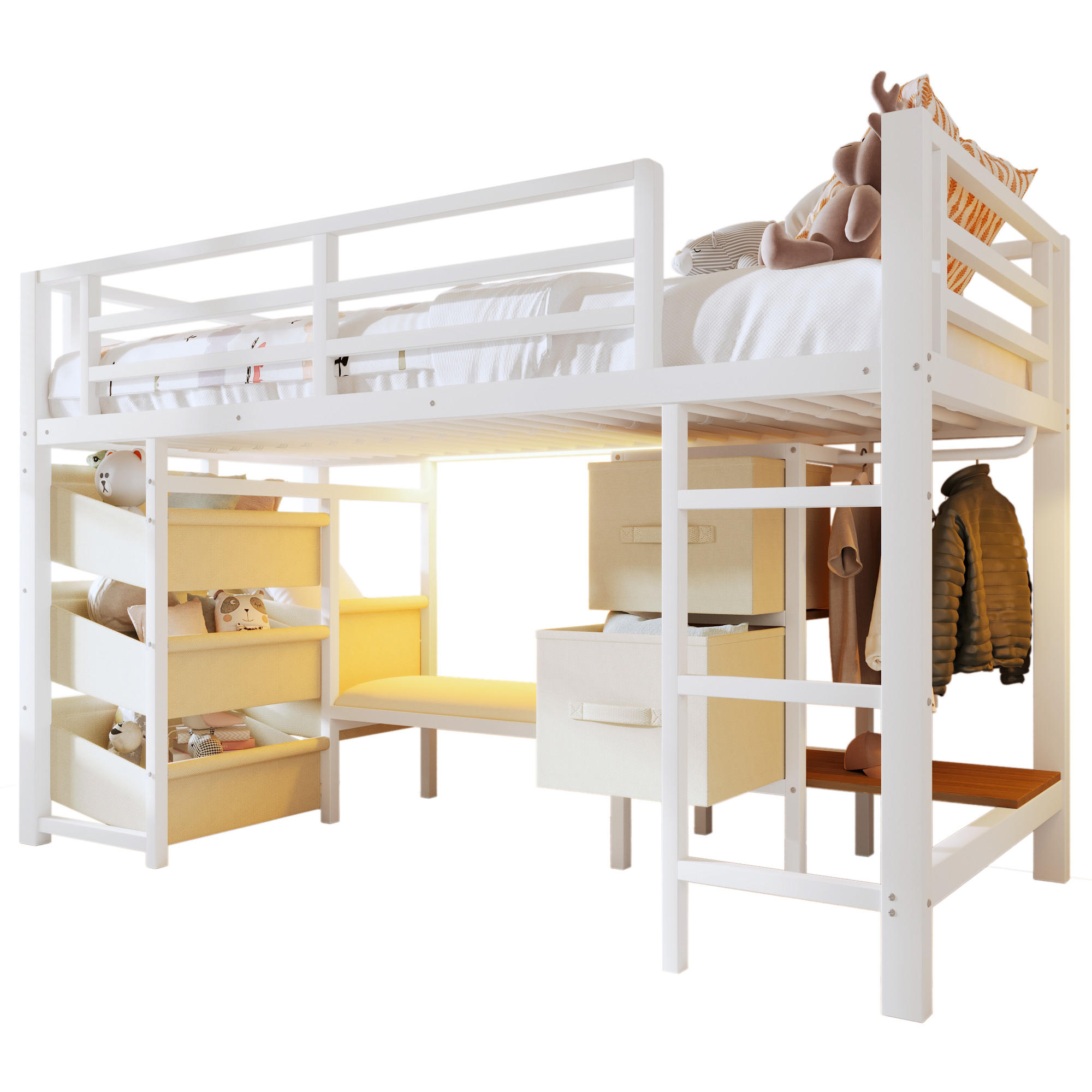 HALBHOHES BETT 90x200cm Weiß Metall LED-Licht Sitzkissen - Weiß, Metall (90/200cm) - FLIEKS