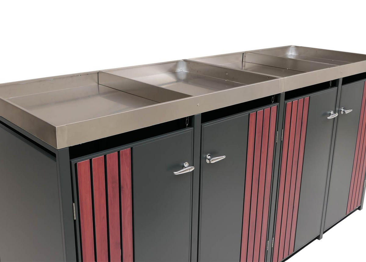 MÜLLTONNENBOX 4er mit Pflanzkasten HxBxT 125x260x84cm Anthrazit Holzoptik dunkel - Anthrazit, Metall (260/125/84cm) - PROREGAL