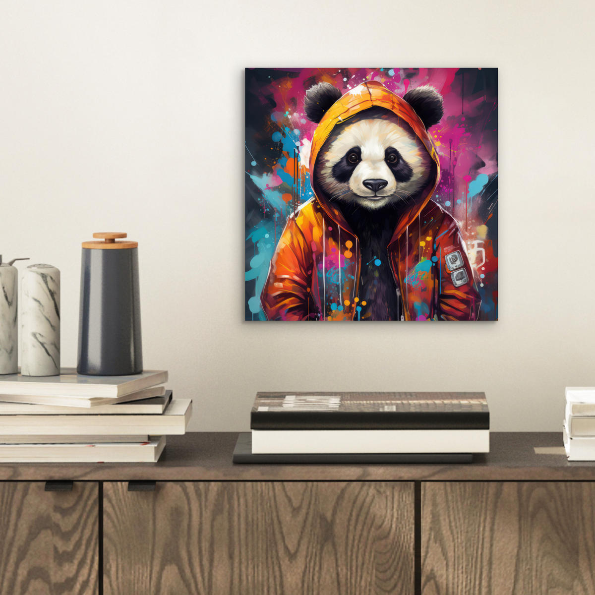 METALLBILD Panda - Jacke - Graffiti - Orange 20x20 cm - Orange, Metall (20/20cm) - MuchoWow