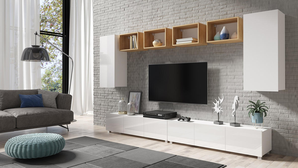 RTV-SCHRANK Bird Weiß, dreitüriger TV-tisch - Silberfarben/Weiß, Holzwerkstoff (150/37/43cm) - Bettso