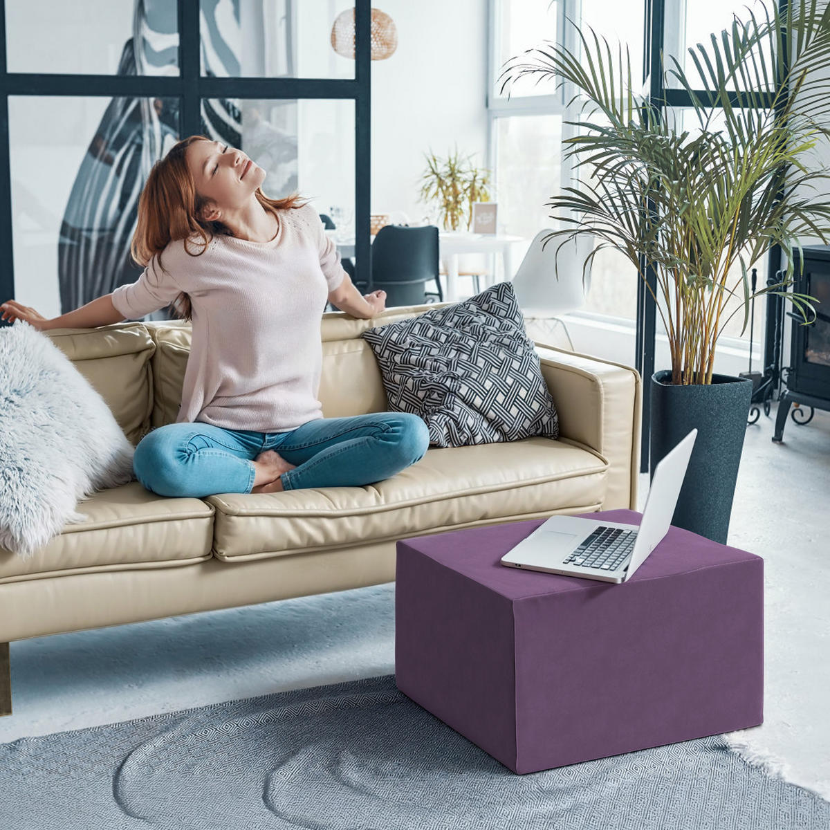 HOCKER Cord Rechteck Lila 3er-set - Lila, Textil (55/40/55cm) - Vercart