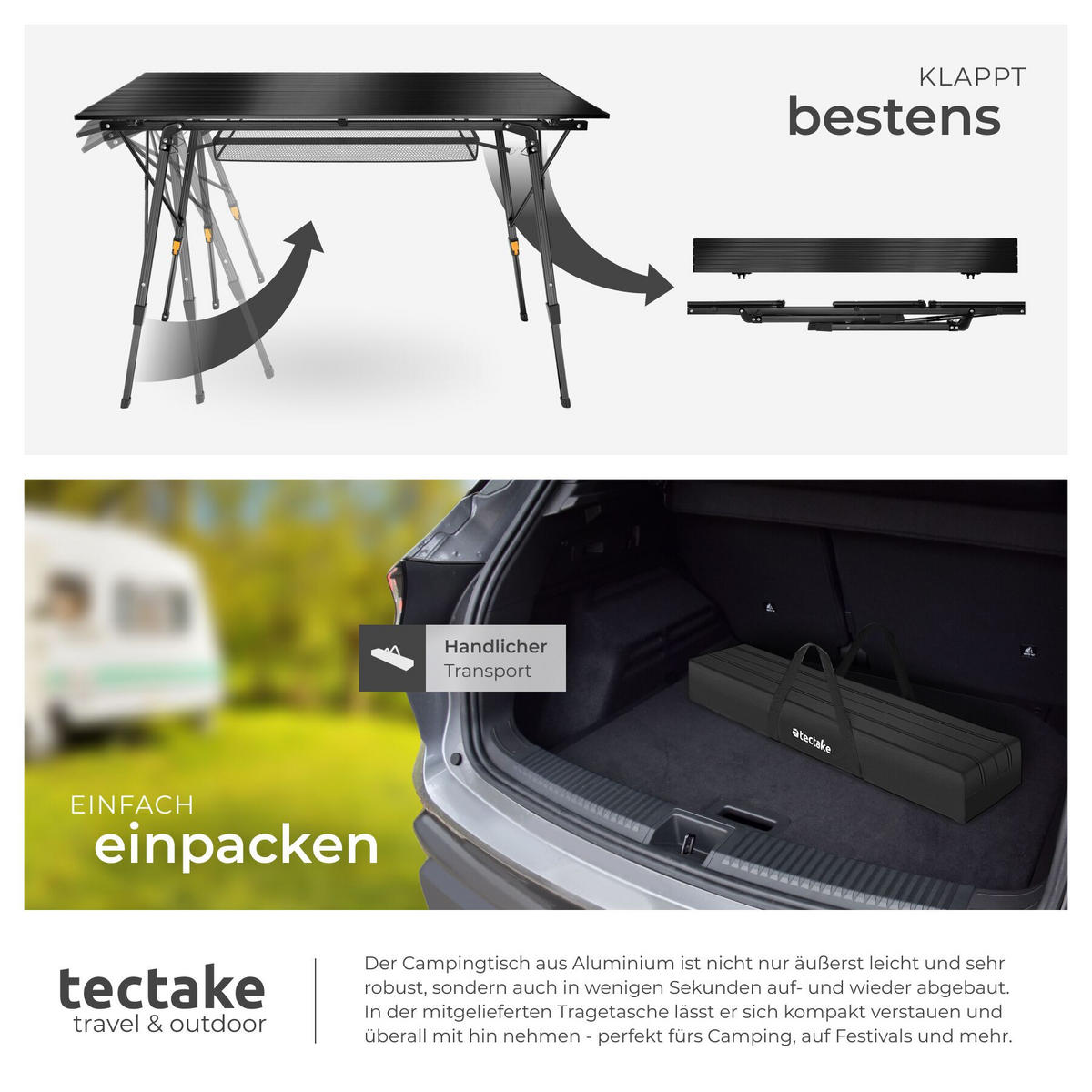 CAMPINGTISCH aus Aluminium Bastian, 120 x 70,5 x 58 – 79 cm, schwarz - Schwarz, Metall (120/70.5/79cm) - tectake