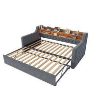 TAGESBETT 90/180x190 cm mit Ausziehbett & Stauraum, LED/USB-C, Samt, Grau - Grau, Holz (90/190cm) - LVHOM