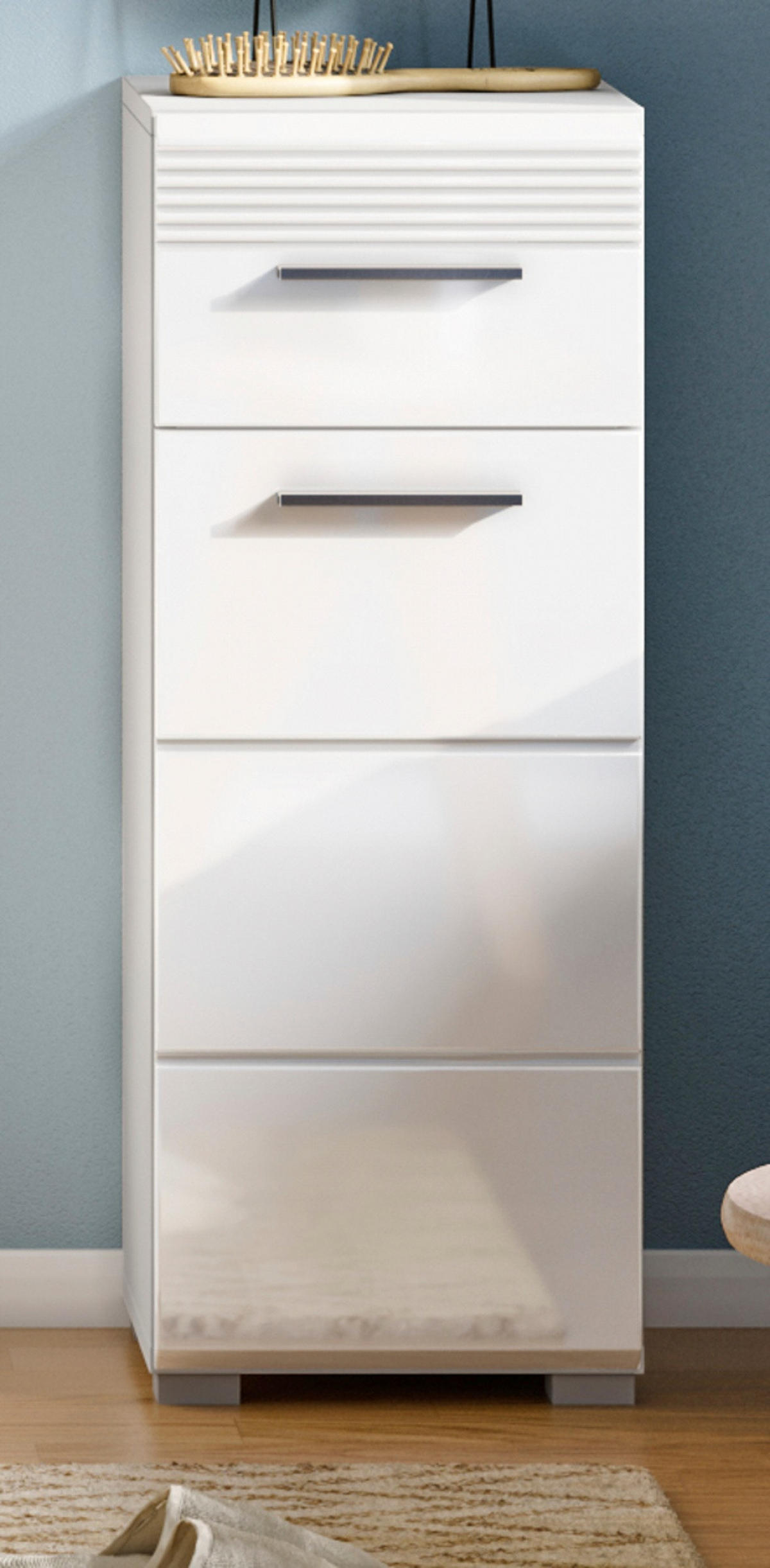 KOMMODE Badschrank, weiß Hochglanz 30 x 79 cm, Kommode mit viel Stauraum - Weiß Hochglanz/Silberfarben, Holzwerkstoff/Kunststoff (30/79/31cm) - Inn.Furn