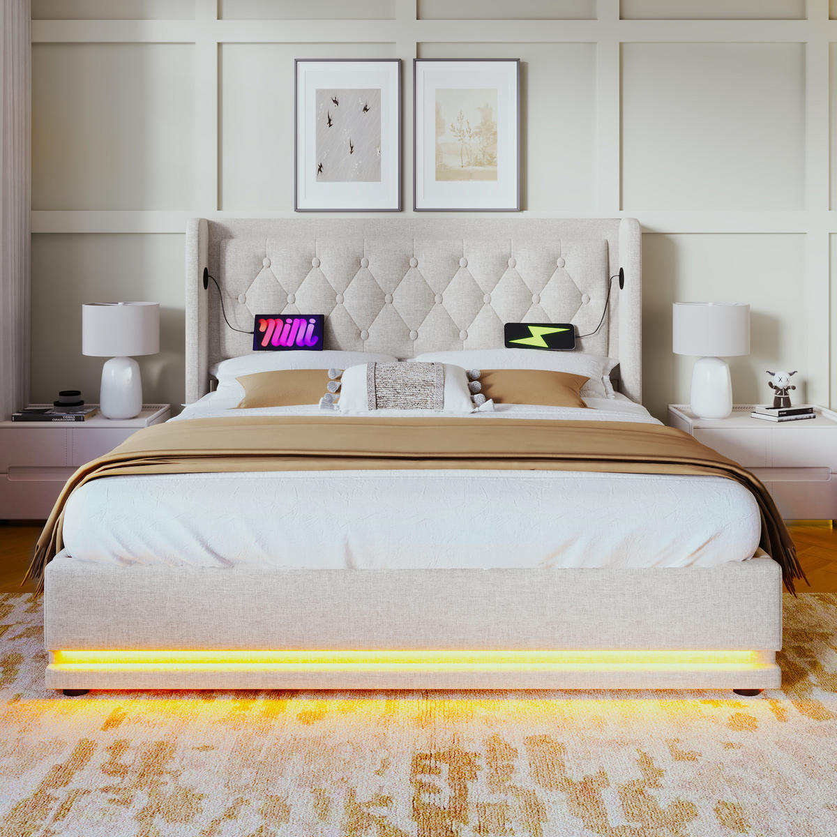 POLSTERBETT 160/200 cm Beige Baumwolle mit USB- und Type-C-Anschlüssen und 3-seitiger LED-Beleuchtung - Beige, Textil (160/200cm) - OKWISH