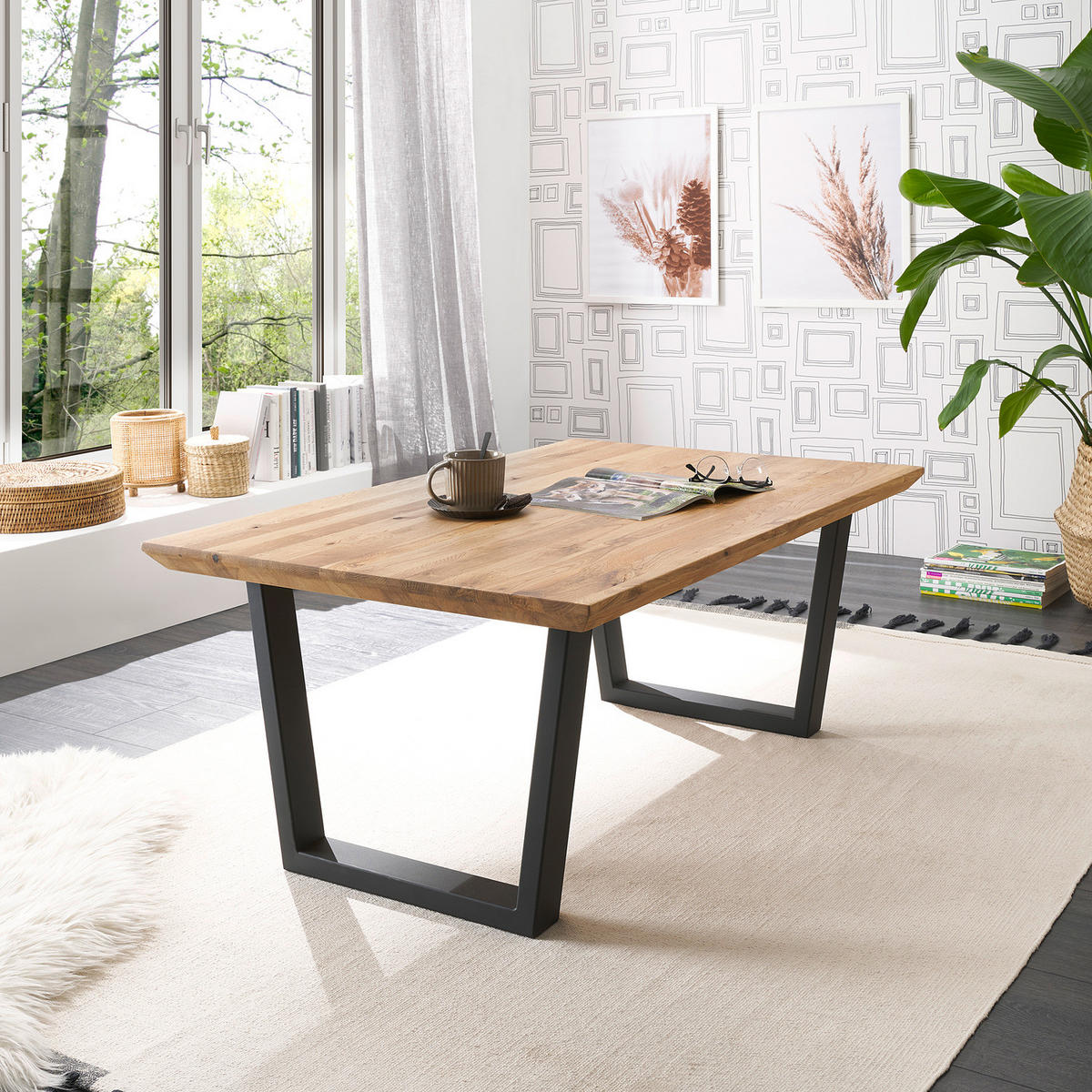 COUCHTISCH - Eiche massiv / Metall - Eiche / Schwarz - Eichefarben/Schwarz, Holz/Metall (70/110/45cm) - home24