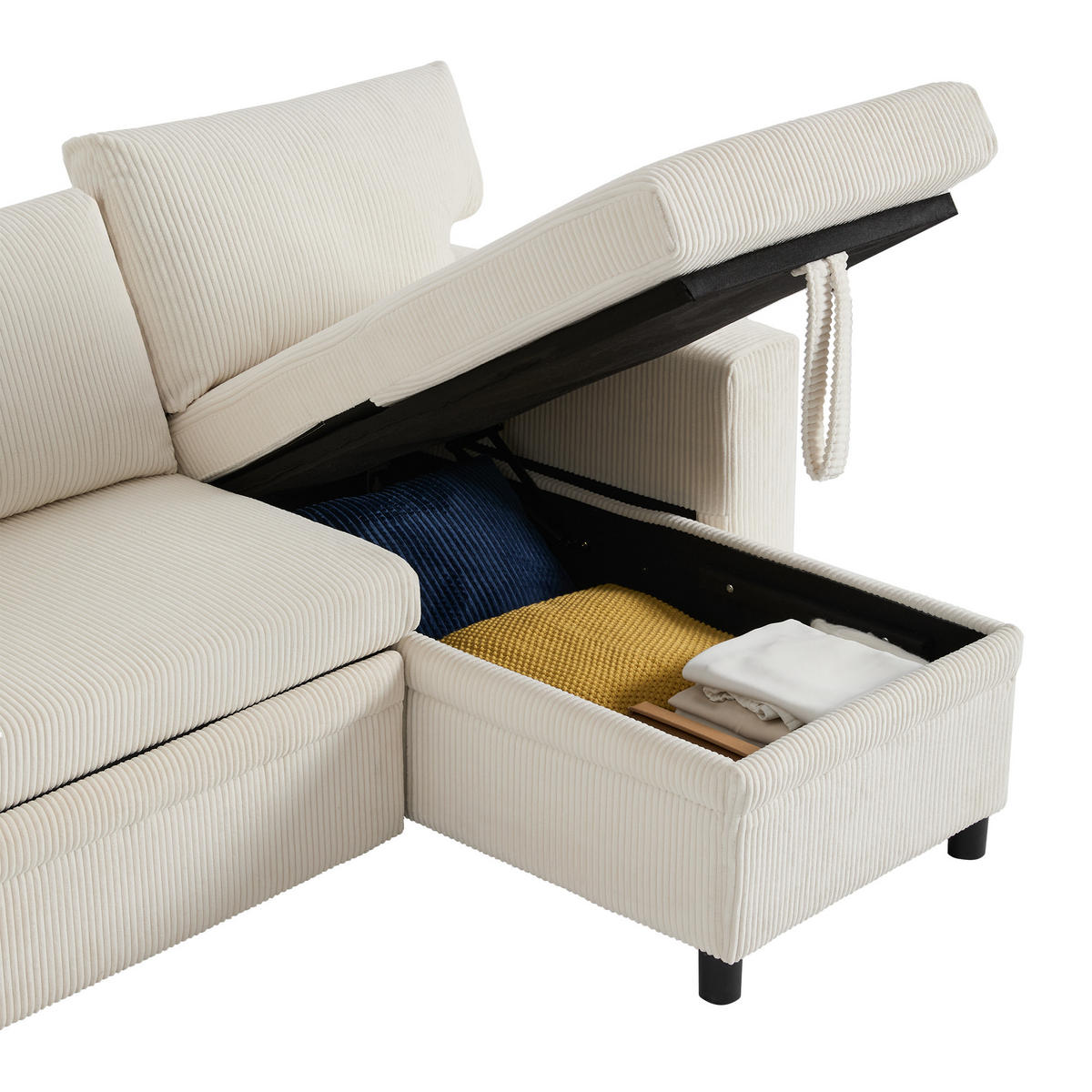 ECKSCHLAFSOFA Cord Beige mit Stauraum, USB und Typ-C - Beige, Holzwerkstoff/Kunststoff (231/131.5cm) - WISHDOR