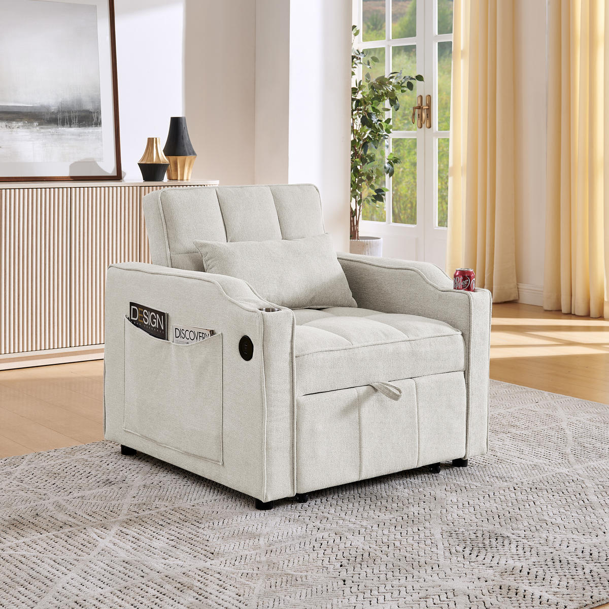 RELAXSESSEL 190/85/86 cm Beige mit USB-/Typ-C-Anschluss und Seitentasche - Beige, Textil (190/86/85cm) - Oxeza