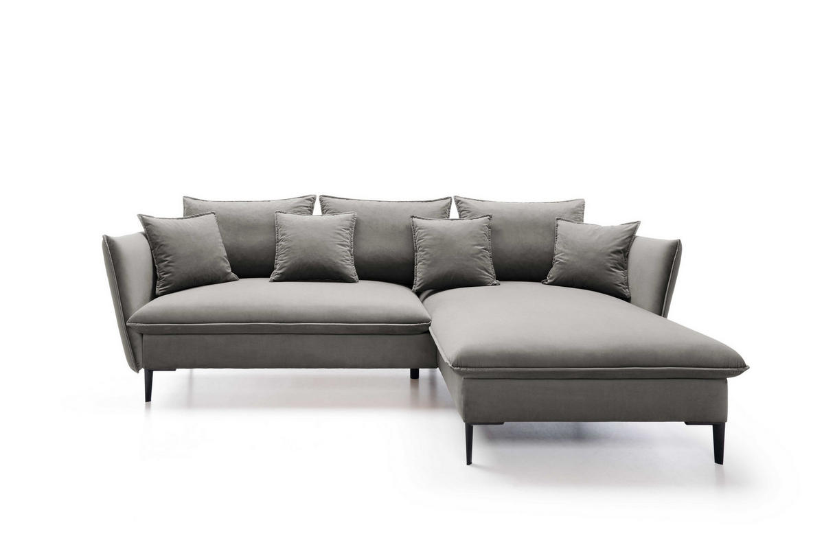 ECKSOFA SOLE Grau Plüsch-Stoff mit Schlaffunktion - Grau, Holz (258/167cm) - MASSENO