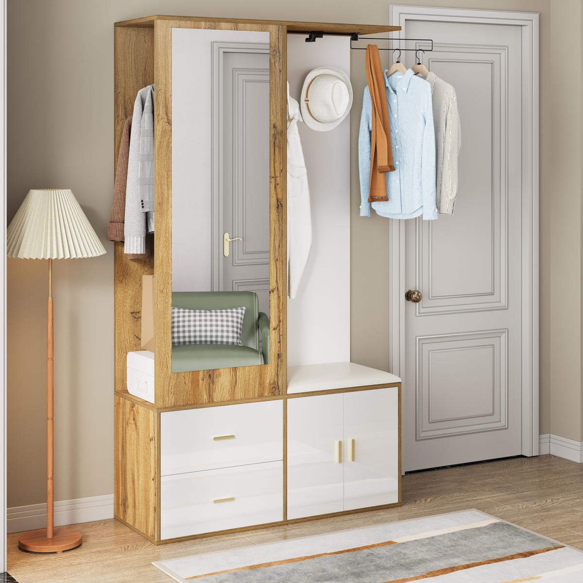 GARDEROBE-SET in Weiß und Naturfarben Garderobenschrank mit Spiegel und Schuhbank für Flur, B100/T38/H180 cm - Weiß/Naturfarben, Glas/Holzwerkstoff (100/180/38cm) - STILVORA