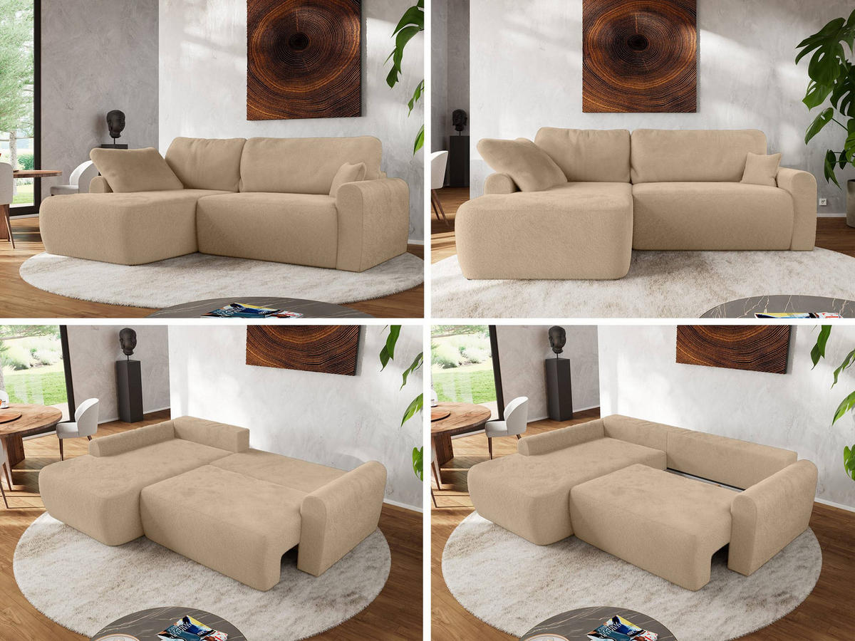 ECKSCHLAFSOFA CUBO L Beige Plüsch - links - Beige/Schwarz, Kunststoff/Textil (273/187cm) - MKS