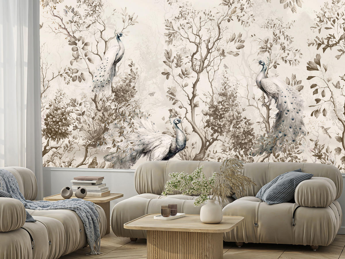FOTOTAPETE für Wohnzimmer Pfauen Zwischen Bäumen Büsche Blätter 100x70 - Beige, Papier (100/70cm) - Muralo