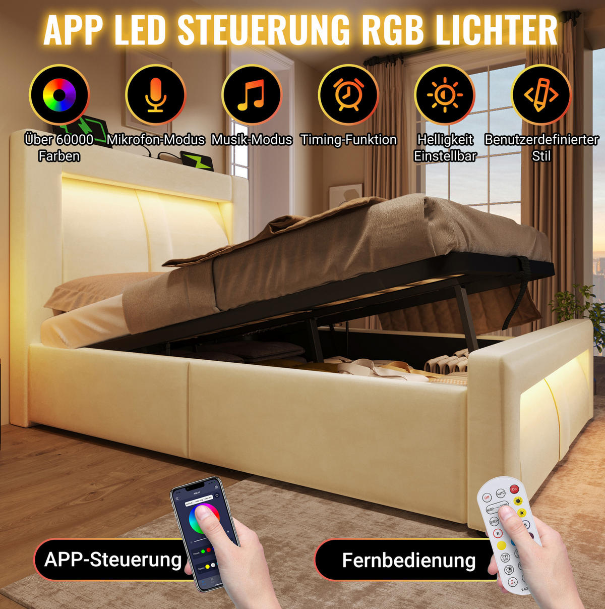 POLSTERBETT 160/200 cm Beige aus Samt mit Stauraum, LED und Ladeanschlüssen - Beige, Textil (160/200cm) - OKMYHOME