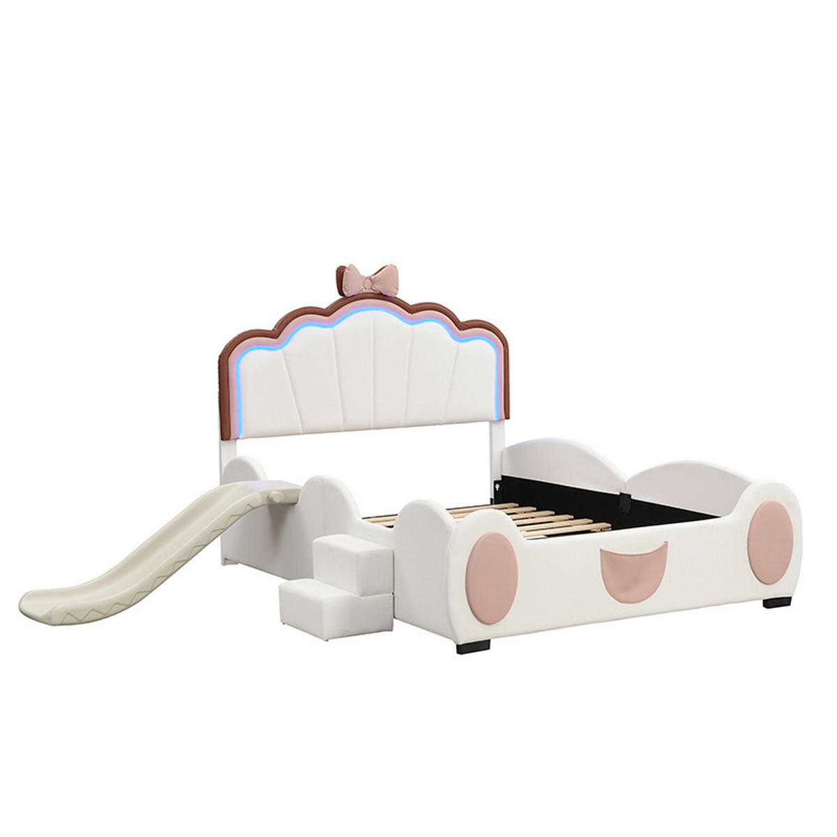 KINDERBETT aus Kunststoff 140x200 cm in Rosa/Weiß mit LED-Beleuchtung & Rutsche - Rosa, Kunststoff (140/200cm) - Modfu