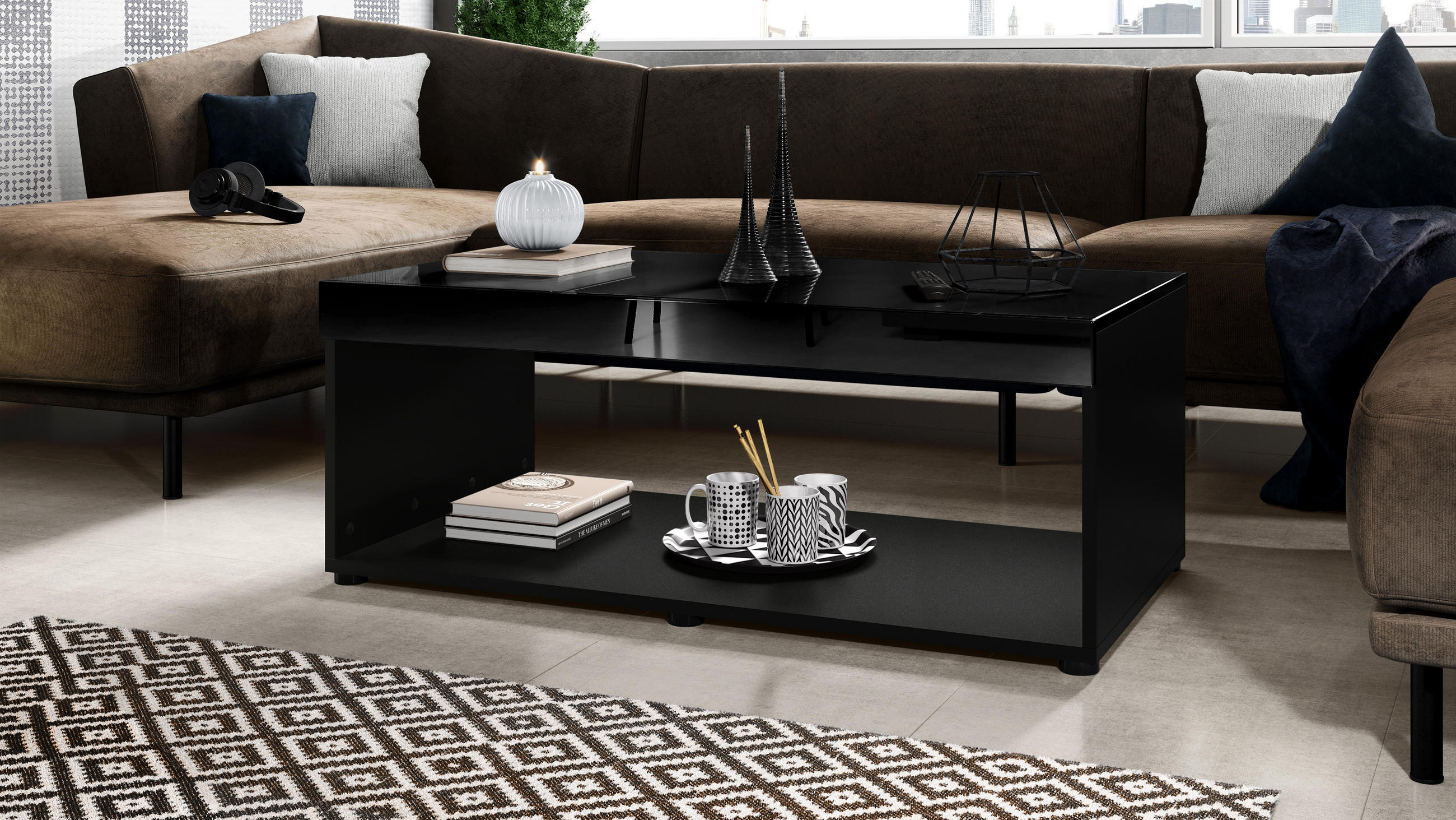 COUCHTISCH Pure Tischplatte und Blenden in Schwarz Hochglanz - Schwarz Hochglanz, Holzwerkstoff (58/104/40.5cm) - Vladon