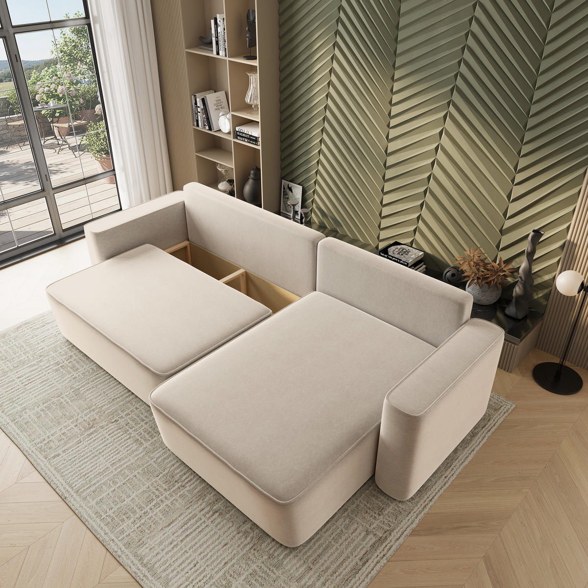 ECKSOFA BELARO CL Creme Samtstoff mit Schlaffunktion - Creme, Holzwerkstoff/Textil (280/162cm) - MASSENO