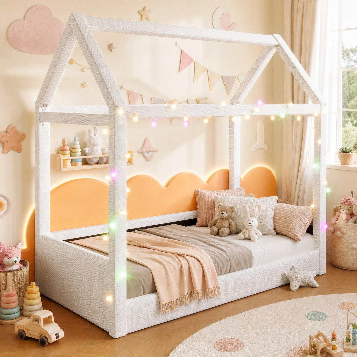 KINDERBETT 90/200 mit Hausdesign und Massivholzrahmen in Beige - Beige, Holzwerkstoff (90/200cm) - EVRYAE