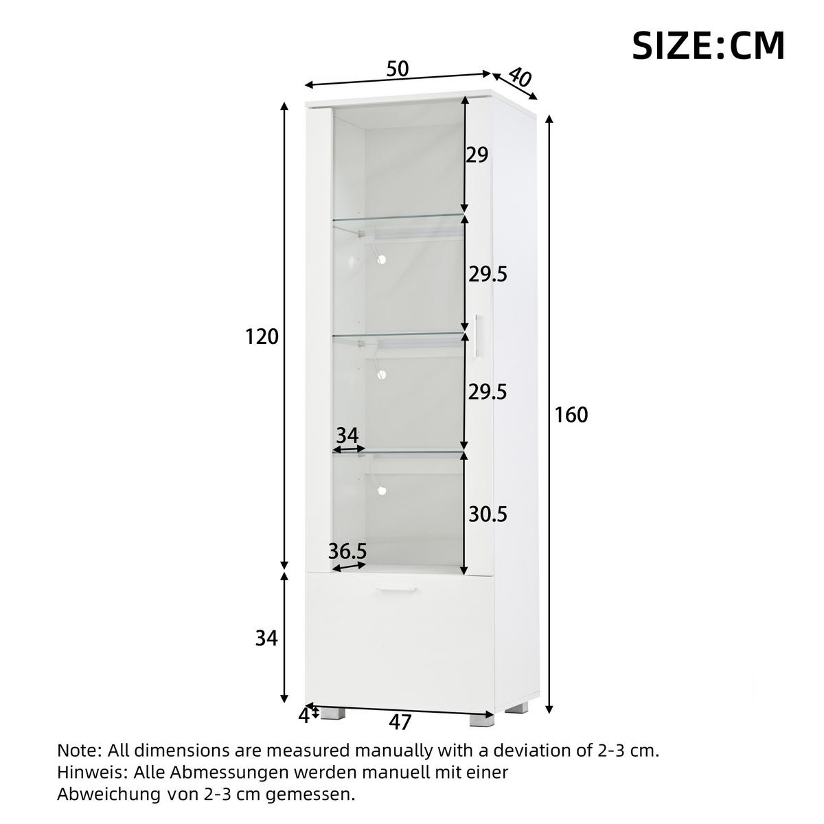 VITRINE LED Hochglanz Acryl 160cm 3 Böden Weiß - Weiß, Holzwerkstoff (50/160/40cm) - FLIEKS
