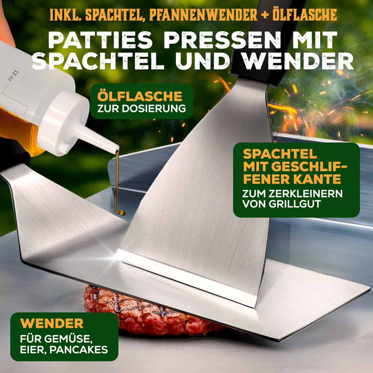 SET PLANCHA GRILLPLATTE Edelstahl inkl. 2 Grillspachteln & Ölflasche - 30x40 cm - Edelstahlfarben, Metall (30/40cm) - Blumtal