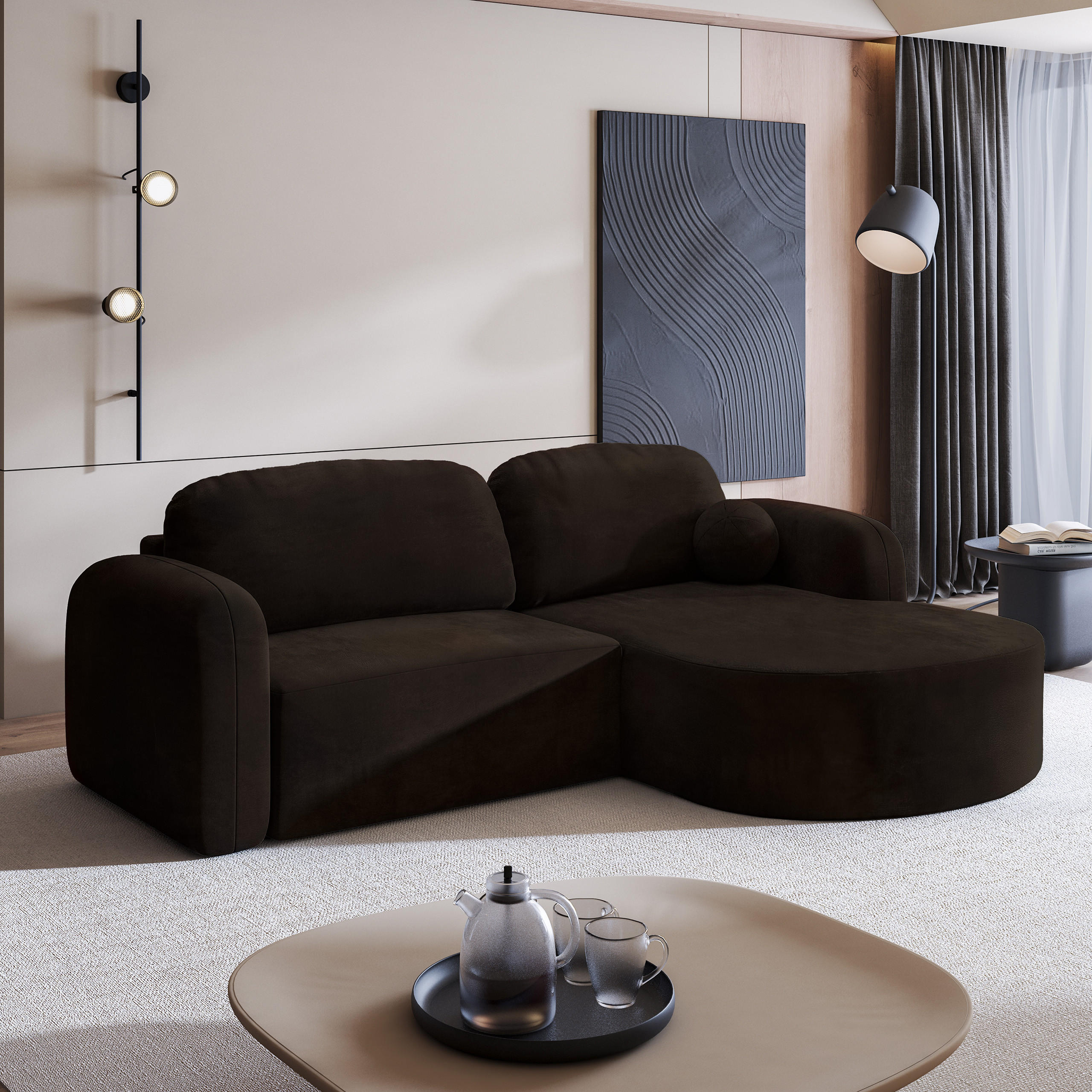 ECKSOFA AMILIA M R-S Braun Velours-Stoff mit Schlaffunktion - Braun, Holz (263/174cm) - MASSENO