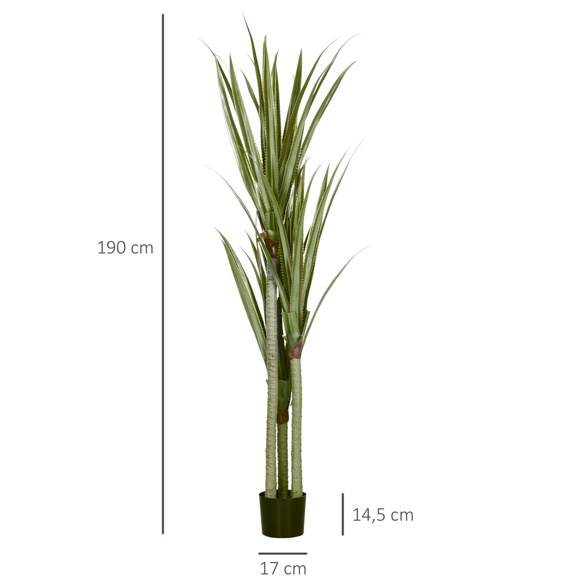 KUNSTPFLANZE Yucca 17/17/190 cm - Smaragdgrün/Schwarz, Holz/Kunststoff (190cm) - HOMCOM