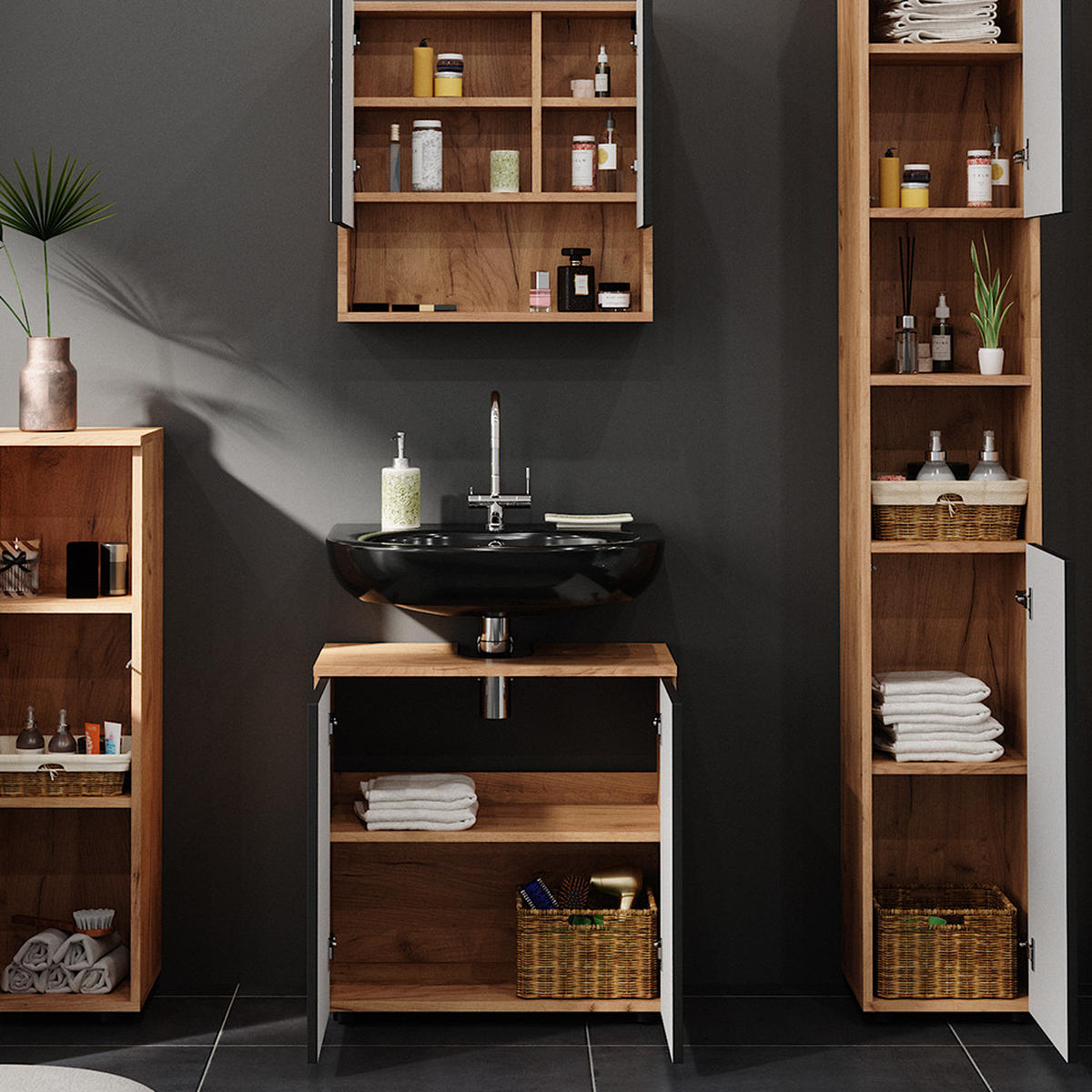 BADMÖBEL-SET Irma Anthrazit gepunktet 4 Teile, mit Hochschrank - Honigeiche/Anthrazit, Holzwerkstoff (80/58.6/41cm) - Vicco