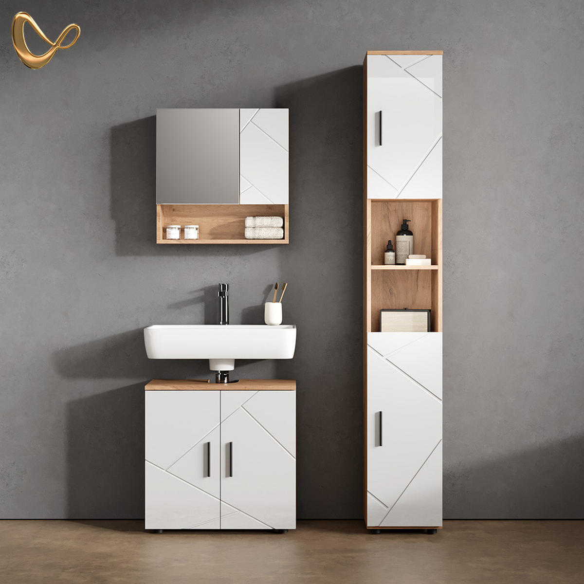 BADMÖBEL-SET Ronco Weiß Hochglanz/Goldkraft Eiche 2 Teile, Unterschrank 60 cm - Weiß Hochglanz/Eiche Wotan, Holzwerkstoff (60/59/30cm) - Livinity®