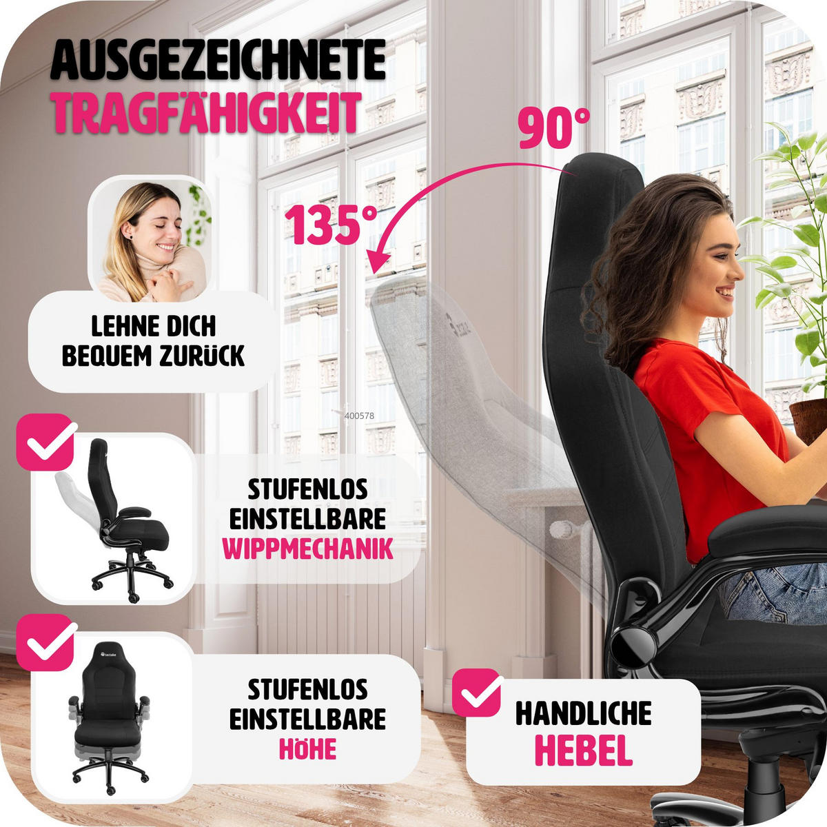 BÜROSTUHL Springsteen, stufenlos höhenverstellbar, schwarz - Schwarz, Kunststoff (70/131.5/67cm) - tectake