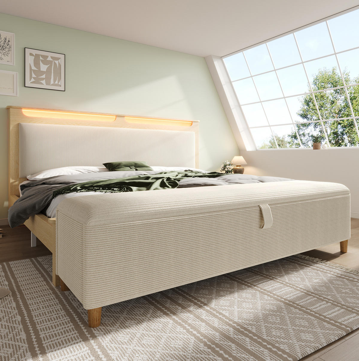 DOPPELBETT 140/200 cm beige aus Holz und Cord mit LED-Bettbank - Beige, Textil (140/200cm) - OKWISH