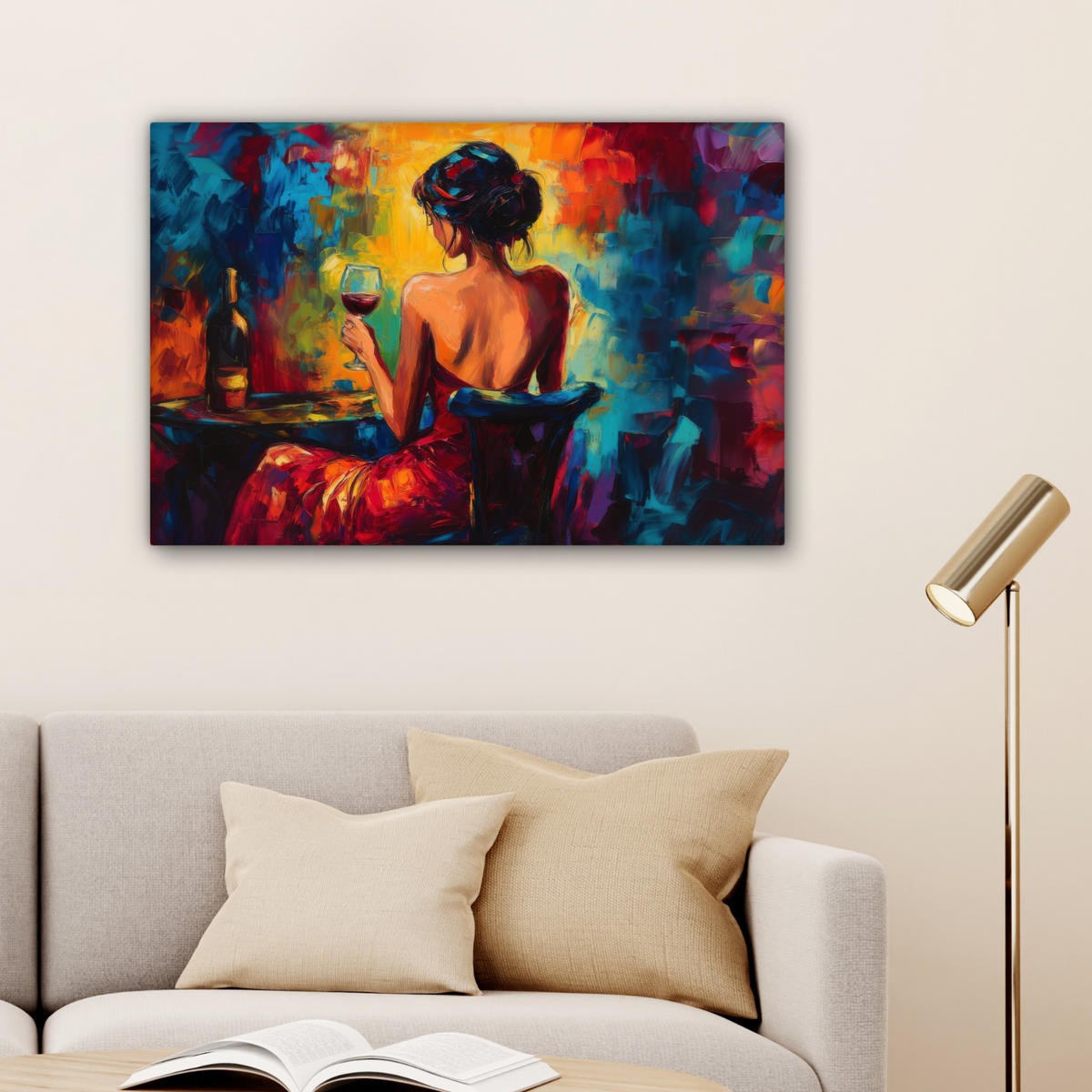 LEINWANDBILD Wein - Frau - Stimmungsvoll - Farbenfroh Gemälde 60x40 cm - Bordeaux, Textil (60/40cm) - MuchoWow