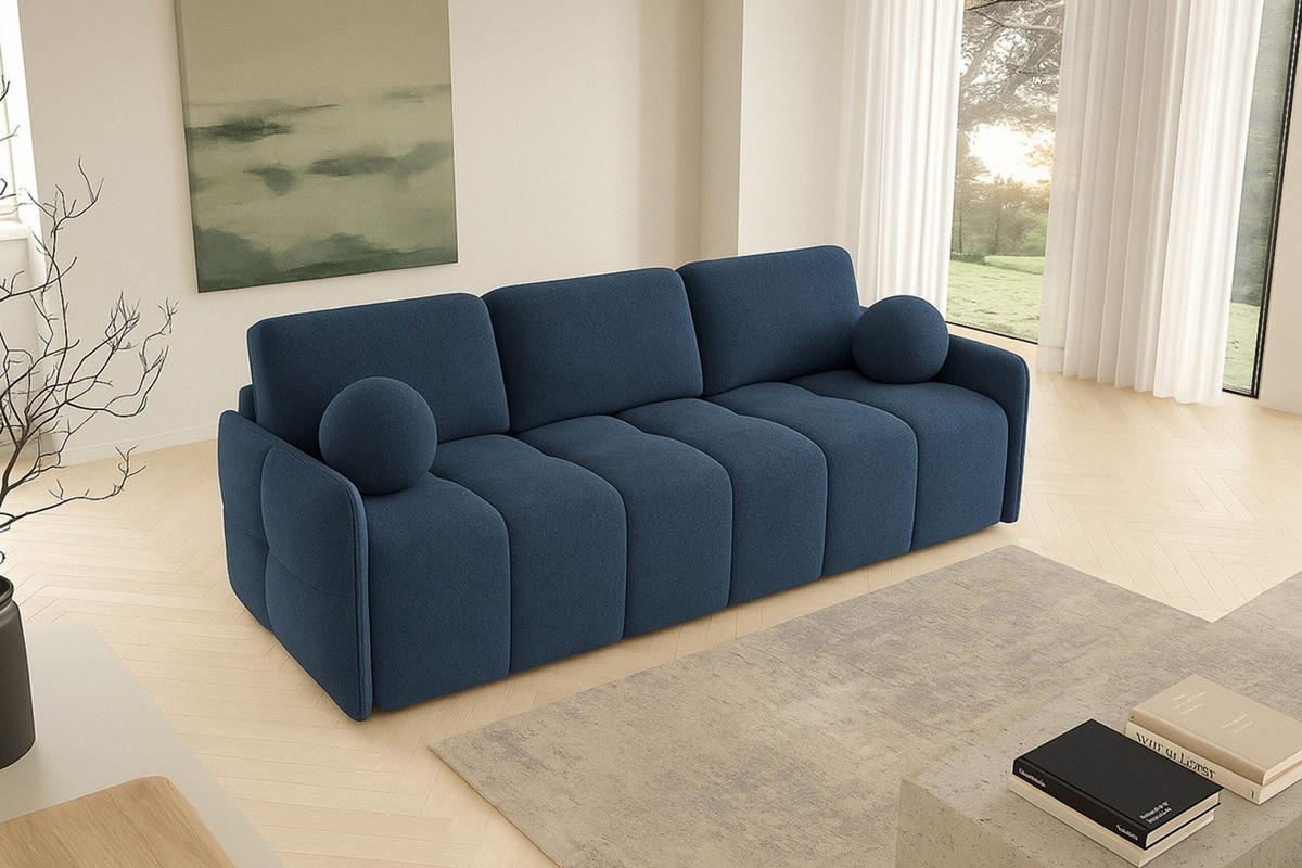 SCHLAFSOFA EMILI, Sofa mit Schlaffunktion und Bettkasten, Farbe: Blau, Bouclé-Stoff - Blau, Textil (212/95/90cm) - Sepro Meble