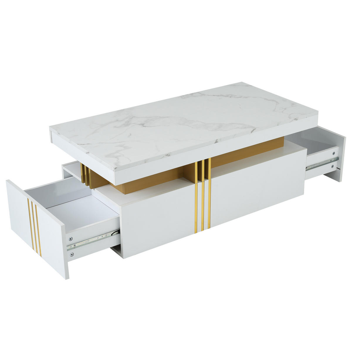COUCHTISCH, marmorierte Hochglanz-Tischplatte, 2 Schubladen, weiße Spanplatte mit Metallkante, 100/50/40 cm,weiß - Weiß, Holzwerkstoff (100/50/40cm) - Redom