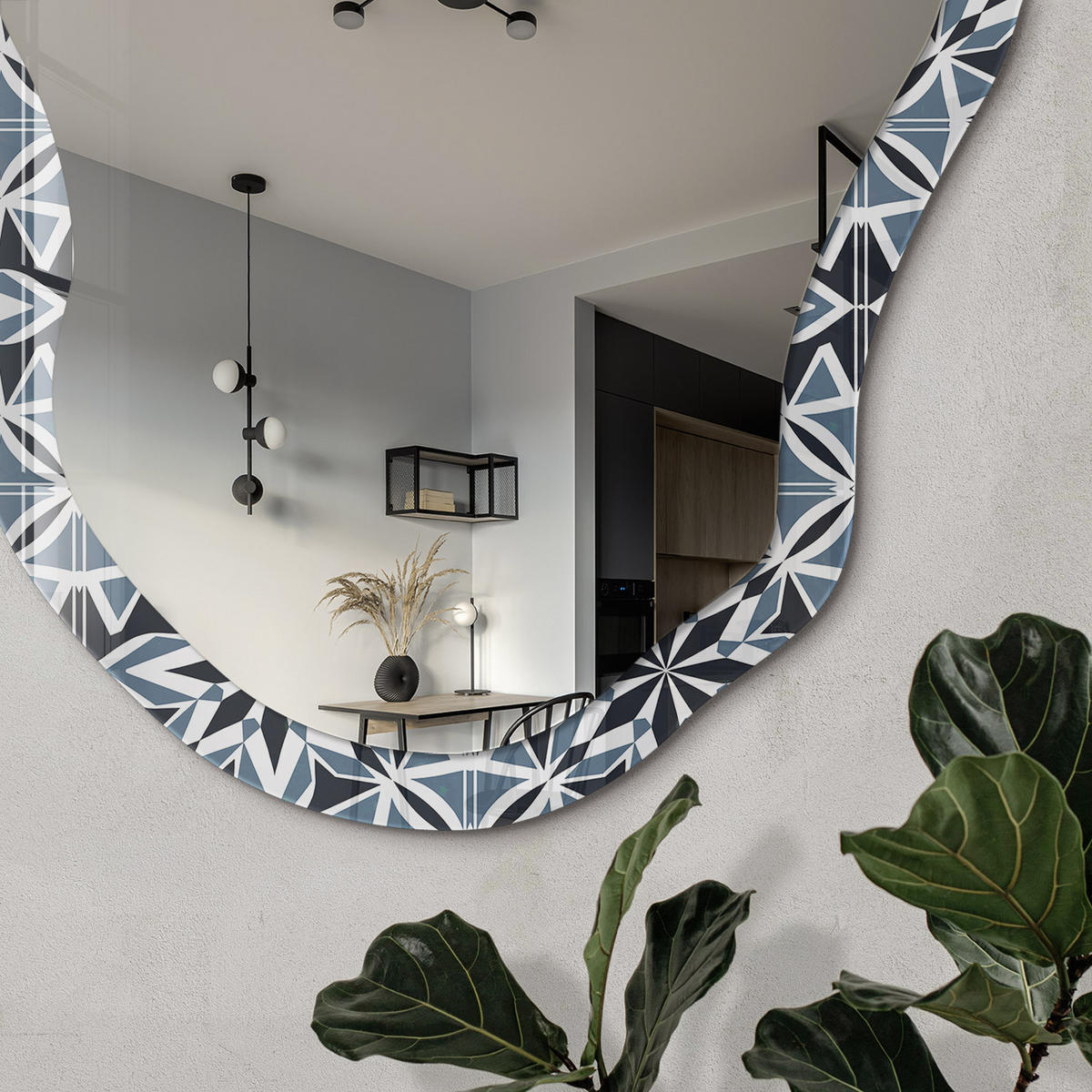 SPIEGEL 90x45 cm asymmetrisch mit Druck - Geometrische Blumen - Transparent, Glas (45/90/0.4cm) - TULUP