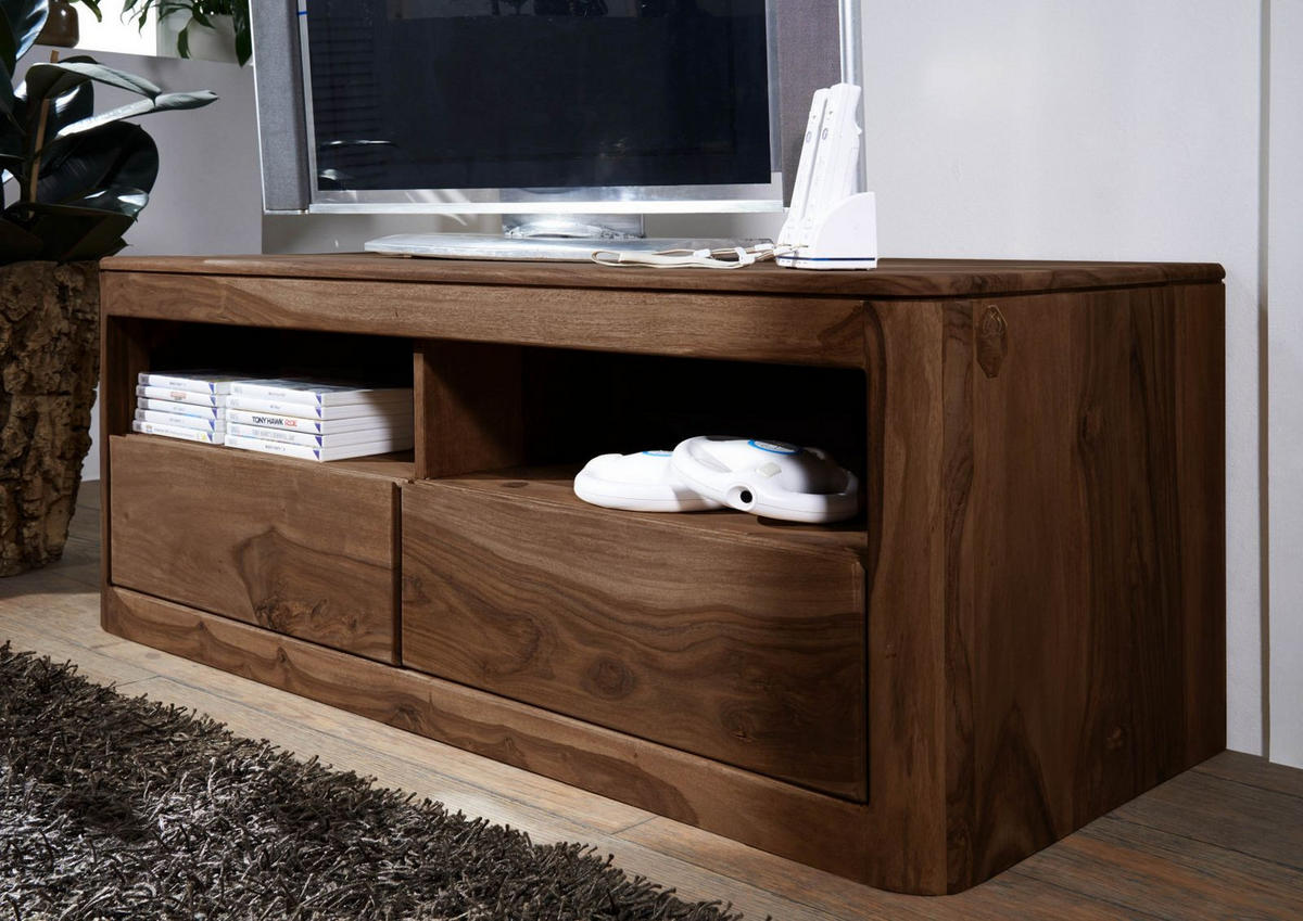 TV-BOARD Sheesham 128x50x49 rot-braun gebeizt TORONTO #107 - Dunkelbraun, Holz (128/49/50cm) - Massivmoebel24