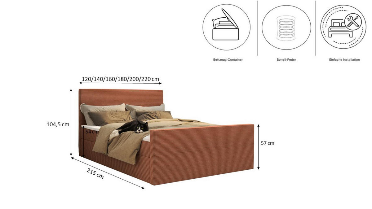BOXBETT Mit Bettkasten Und Topper VIESTA Stoff Poso Ziegel 180x200 cm H2-Pocket - Orange, Holz/Kunststoff (180/200cm) - Kaiser Möbel