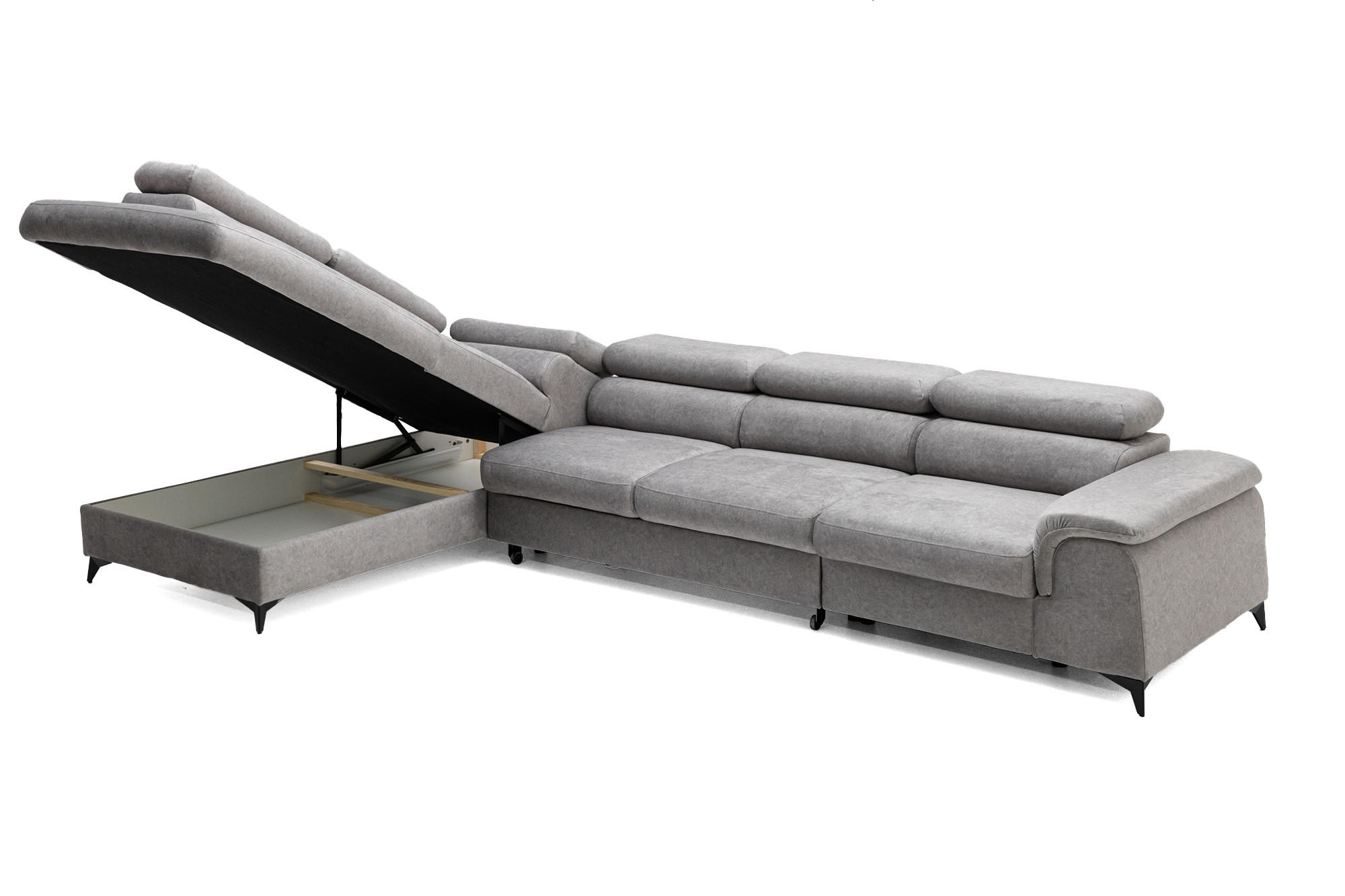 ECKSOFA Plaza Maxi Grau mit Schlaffunktion und Bettkasten 6x verstellbare Kopfstützen - Grau, Textil (350/203cm) - Muffo