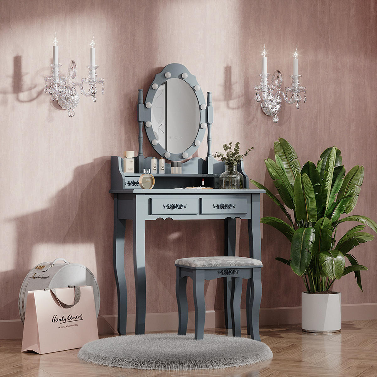SCHMINKTISCH Maggie Grau 75 cm mit LED Beleuchtung und Hocker - Grau, Holzwerkstoff (75/146.5/40cm) - Vicco