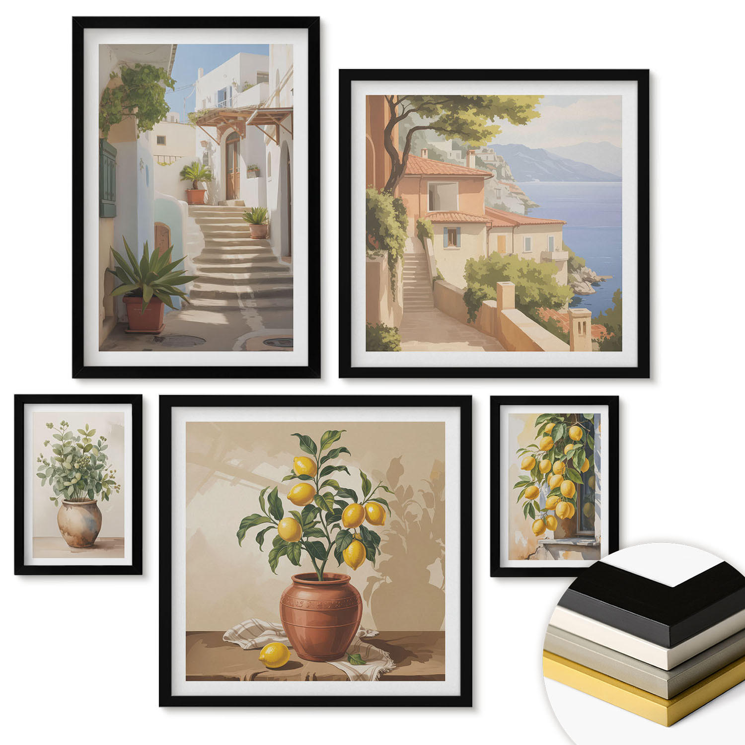 WANDBILDER 5er-Set - 50x50 cm & 20x30 cm & 40x60 cm Schwarzer Rahmen - Blumen in einer Vase, ein Meer aus Zitronen - Schwarz, Kunststoff (40/60cm) - ArtPrintCave