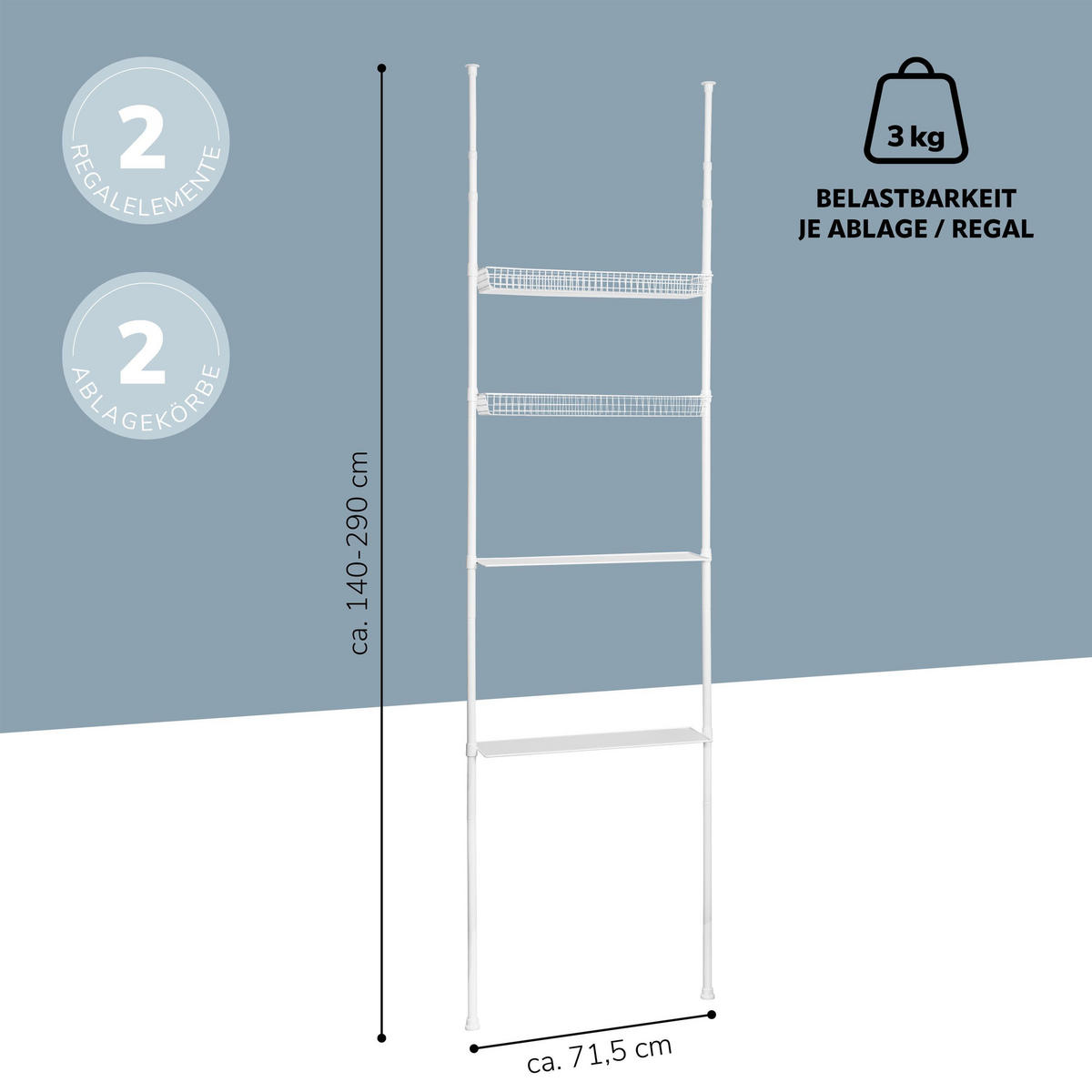 TELESKOP-REGAL, weiß - Weiß, Metall (71.5/23/20cm) - bremermann