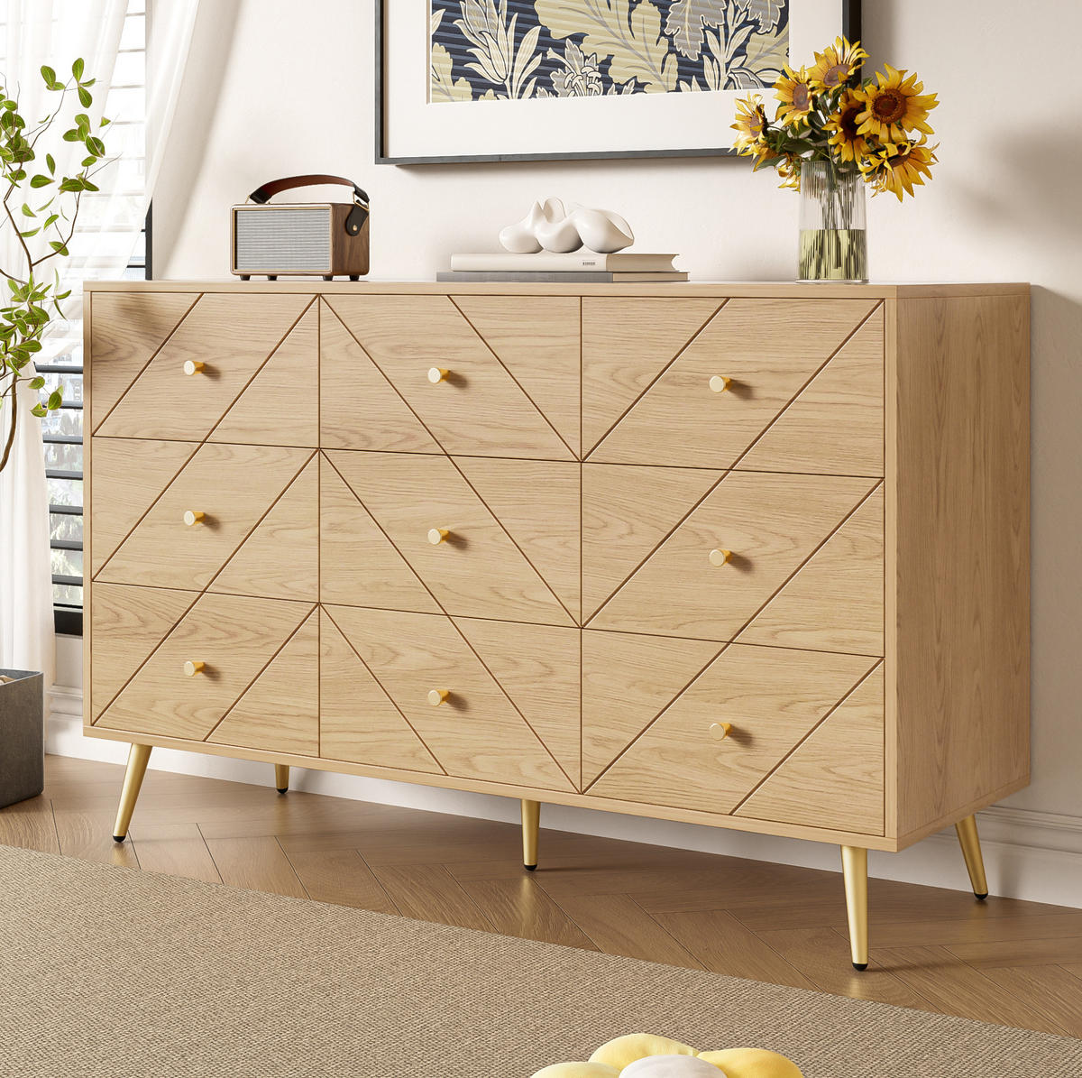 KOMMODE 120/39/80 cm mit 9 Schubladen und Eisenbeinen - Naturfarben, Holzwerkstoff (120/80/39cm) - BEAOK