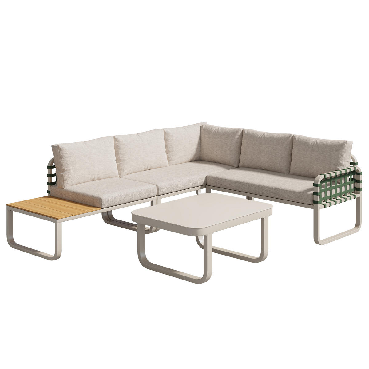 GARTEN Lounge Set 4 bis 5 Sitzer Grünes Leder Rattan Sofa mit Kissen Balkonset für Garten und Terrasse Aprikose - Creme, Metall - FLIEKS
