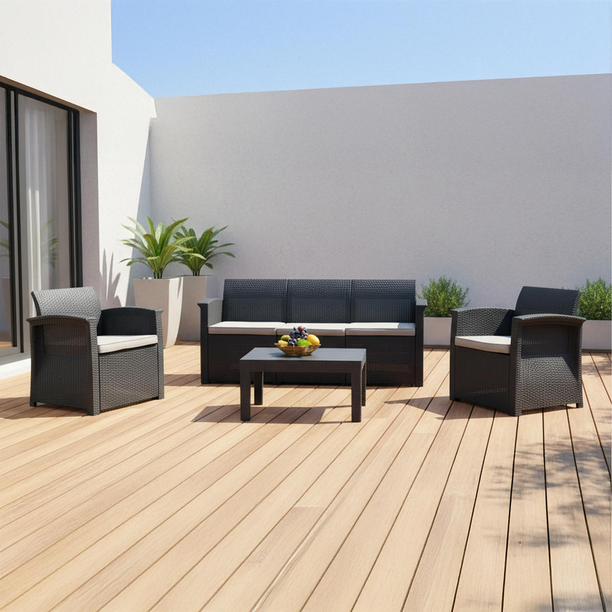 4-TLG.GARTENMÖBEL-SET - Schwarz, Kunststoff/Textil - Relaxdays