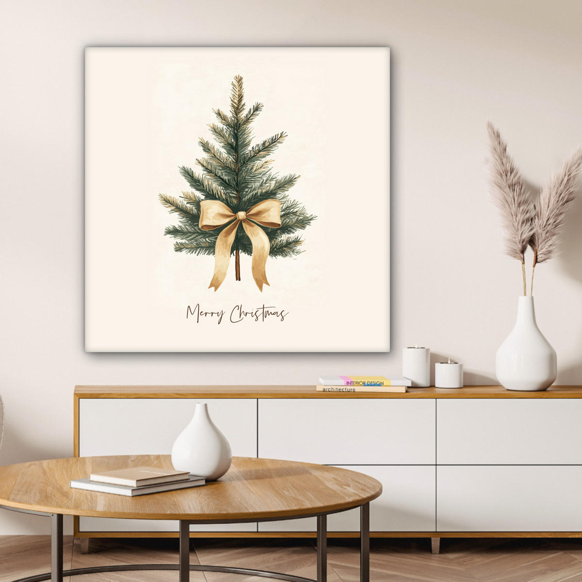 LEINWANDBILD Weihnachtsbaum - Weihnachten - Frohe Weihnachten - Beige Deko Groß 90x90 cm - Sandfarben, Textil (90/90cm) - MuchoWow