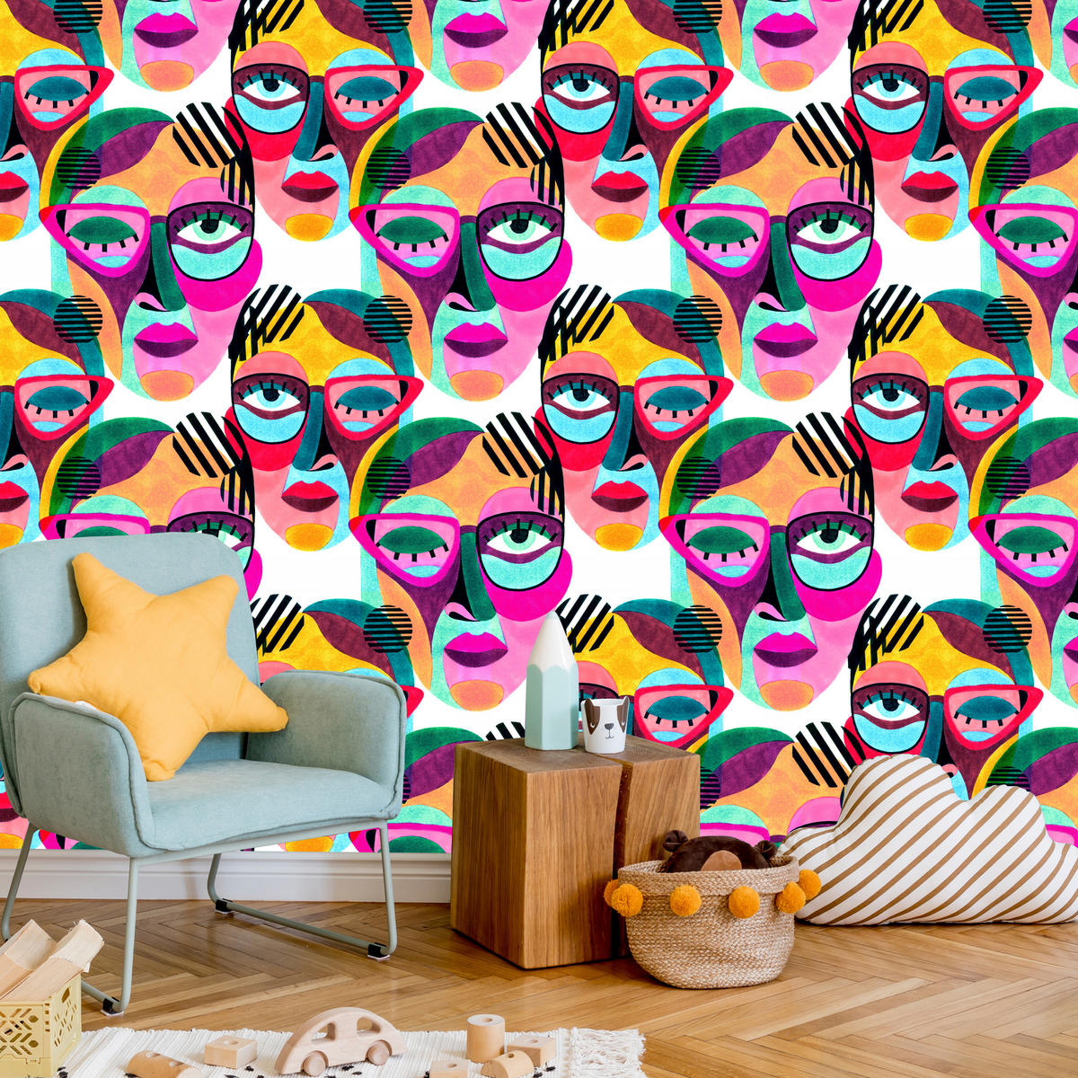 VLIESTAPETE Pop-Art-Gesichter – Bunt – 50x1000 cm - Multicolor, Papier (50/1000cm) - Muralo