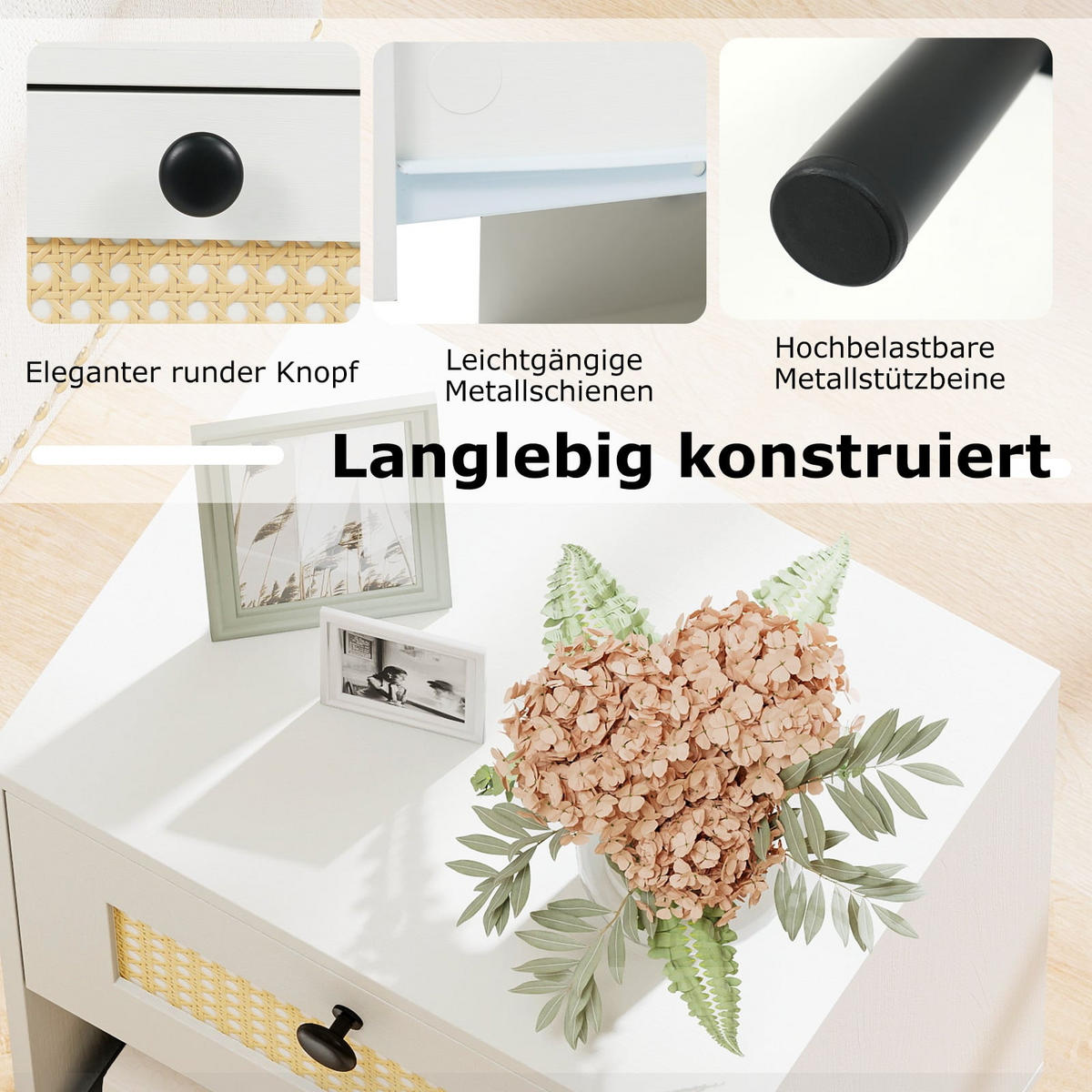 NACHTTISCH Boho mit Rattan-Schublade, 4 Beine, 2 Kippsicherungen, 40x30x52 cm, Weiß - Weiß, Naturmaterialien/Holzwerkstoff (40/52/30cm) - DESIGN IN